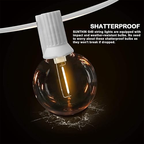Miniatura 4 de SUNTHIN Guirnalda de luces blancas para exteriores, luces blancas de 48 pies para patio con 25 bombillas LED G40 inastillables (1 repuesto), luces