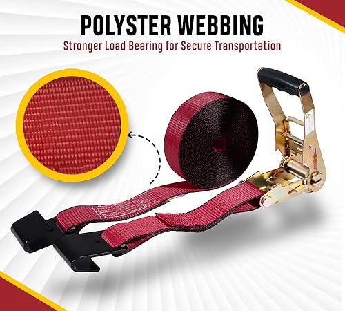 Vista 94 de Mytee Products Paquete de 20 correas de trinquete de 2 pulgadas x 30 pies con gancho plano, WLL 3,333 amarre de remolque, rojo para plataforma