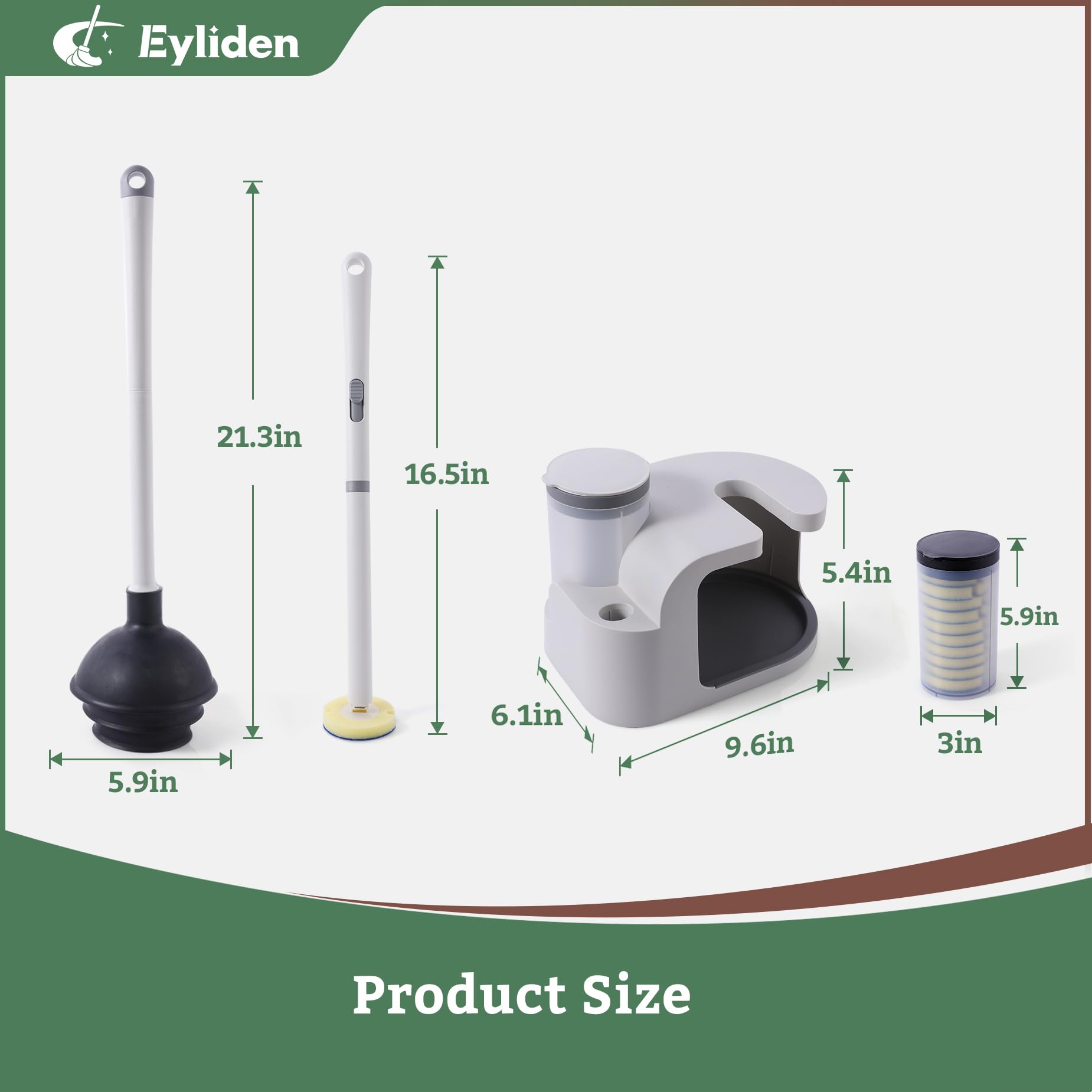 Eyliden Kit de varita de inodoro y émbolo, con 10 recambios, cepillo de inodoro desechable y émbolo con juego de soporte, cabezal de esponjas de limpieza de cambio rápido, juego de cepillos compactos