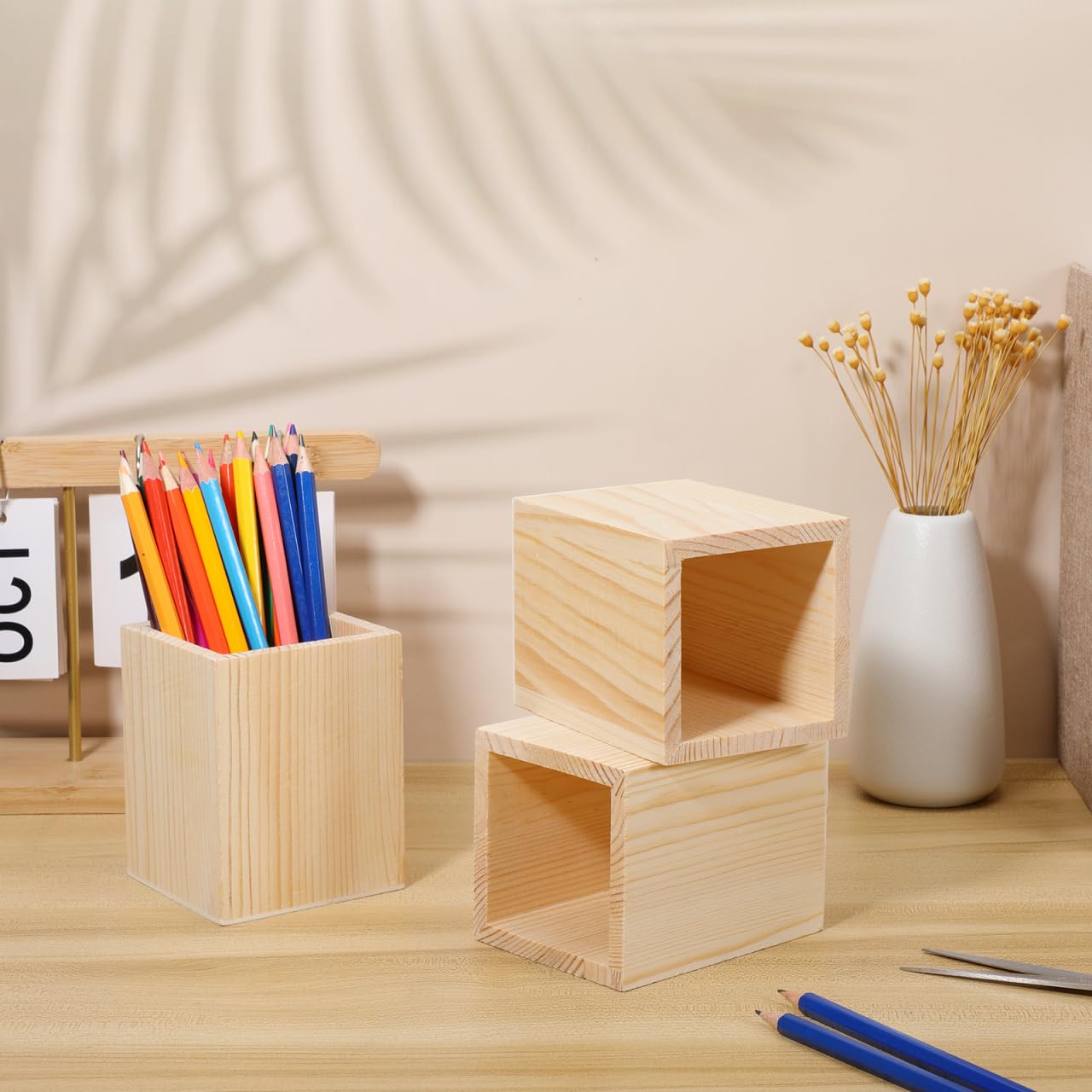 Amosfun Porte-Stylo En Bois Vierge Lot De 4 Pot À Stylo Bureau Inachevé À Peindre Organisateur De Bureau Polyvalent Pour Rangement Crayons Et Pinceaux 3.94 Pouces