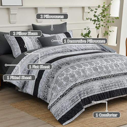 Image of Cottolester Boho King Size Comforter Set 8 Pieces,Gray Bohemian Striped Bed in a Bag,Floral Soft Microfiber Bedding Comforter Set