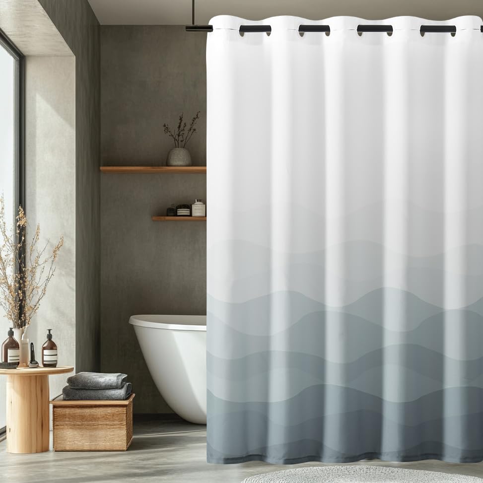 jinchan Hookless Shower Curtain Ombre Grey Ocean Wave Waterproof Fabric Shower Curtains for Bathroom Gradual Color Design Nautical Coastal Beach Bath