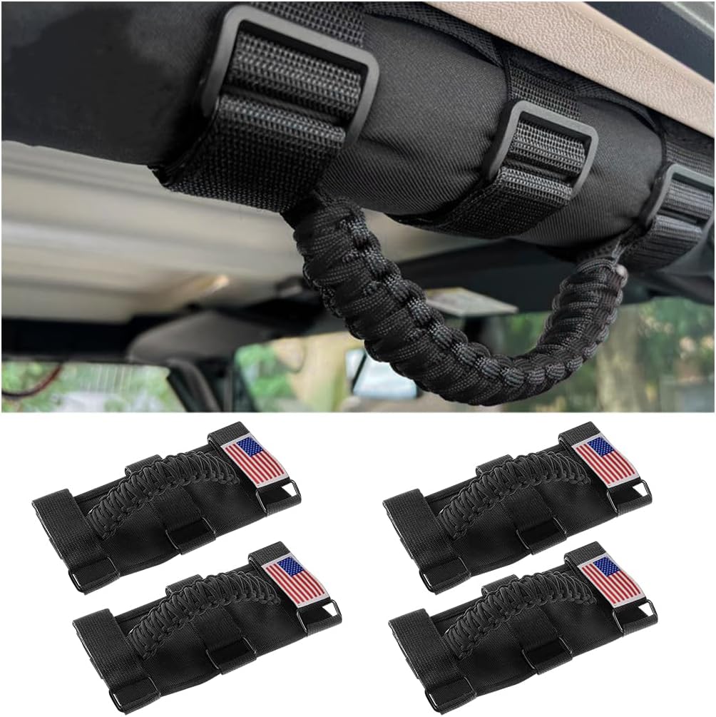 HZEL 4PCS Roll Bar Grab Handles, Oxford Cloth Upgrade Metal Buckle Paracord Grip Handles, Durable and Strong Car Accessories, Compatible with Wrangler JL, JLU, JT, JK, JKU, TJ, LJ and YJ (Black)