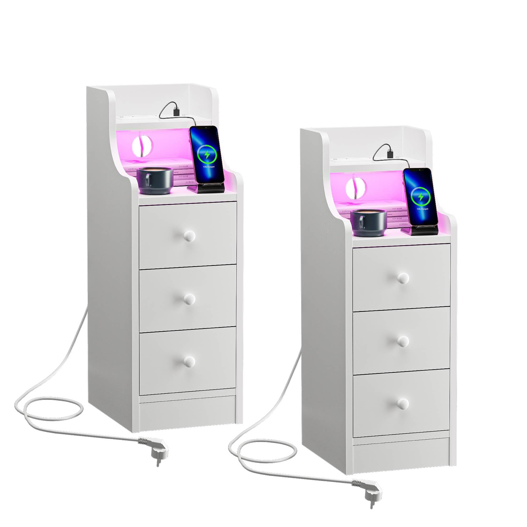Ztexkee Set of 2 Slim Bedside Tables Narrow End Tables with Power Socket and RGB Light Strip Nightstand with 3 Drawers and 2 Compartments Bedside Table for Bedroom, Living Room White