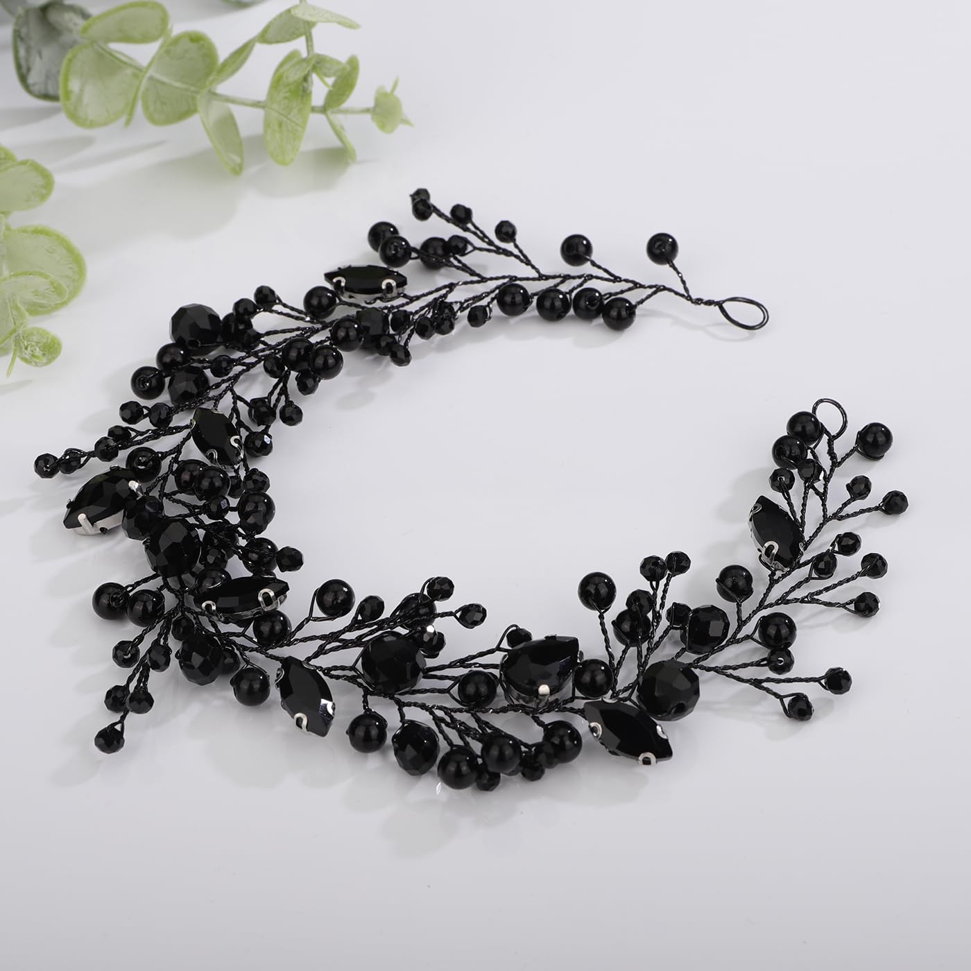 Kercisbeauty Wedding Brdial Black Rhinestones Beads Headpiece for Women Girls Halloween Party Jewelry