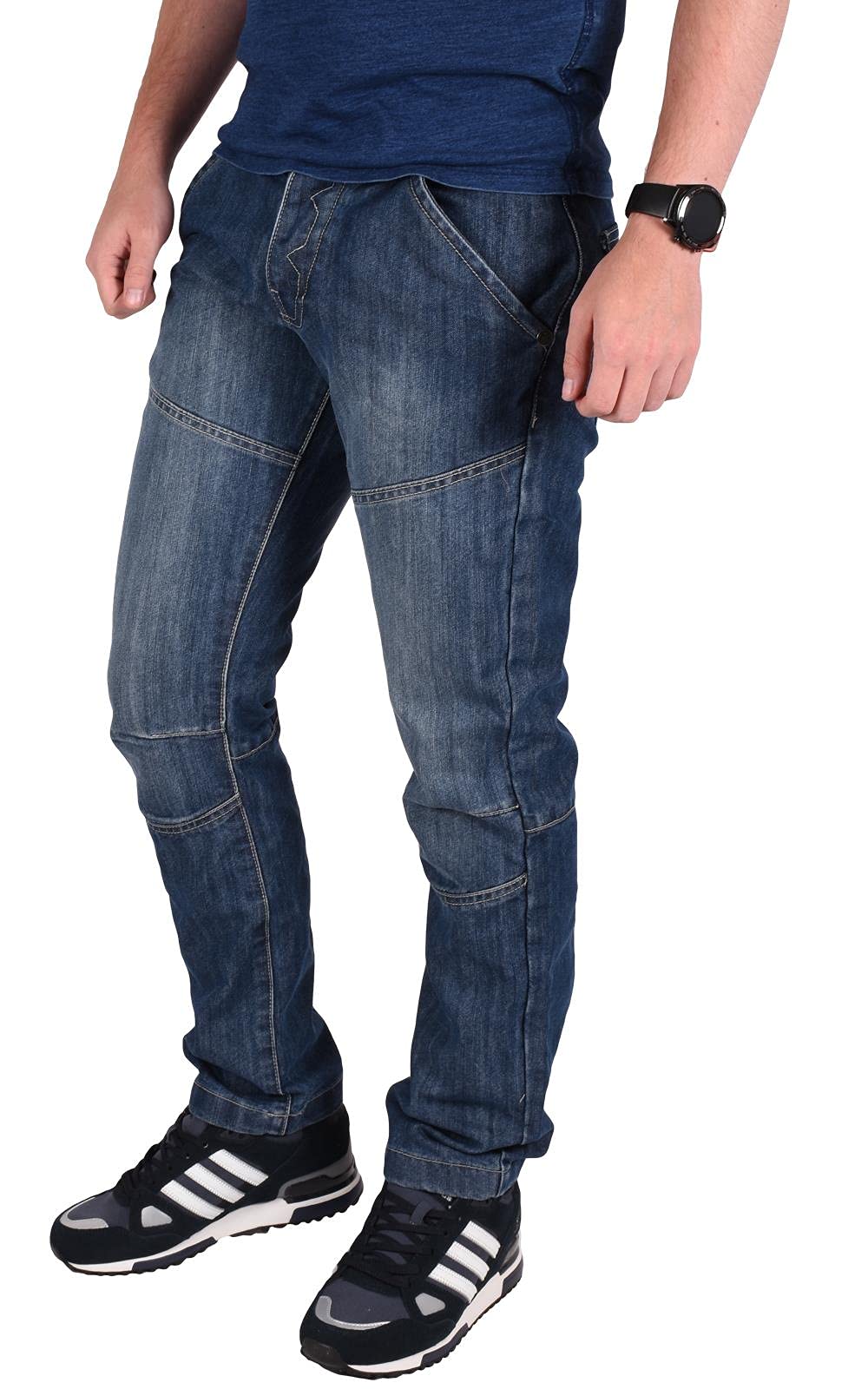 True Face Men's Jeans Straight Leg – Regular Fit Denim Washed Pants, Button Fly Trousers Stretch Jeans for Men UK with 2 Front & 2 Back Pockets, Watch Pocket & Belt Loops Mid Wash 36W / 34L