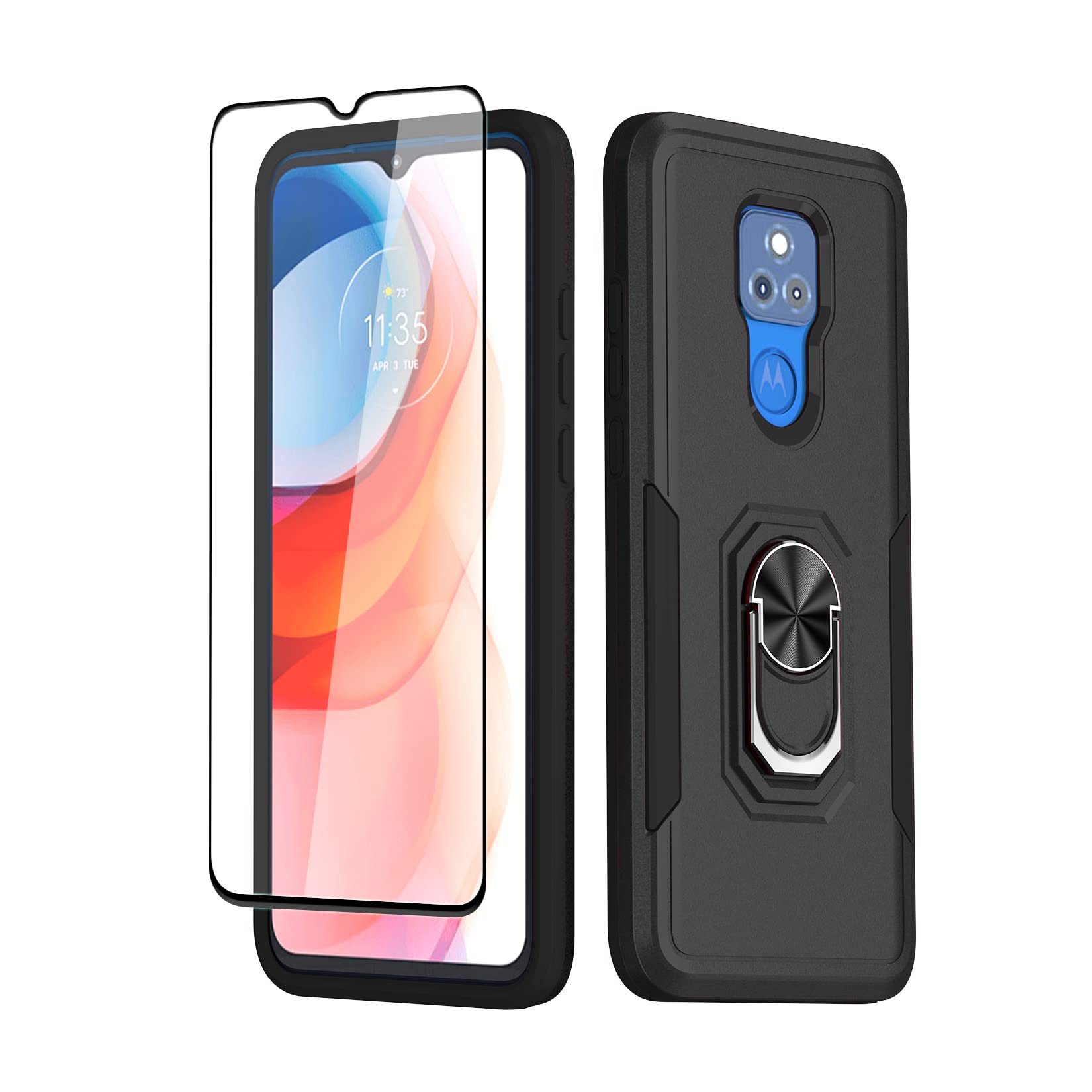 Rebex for Moto G Play 2021 Case,with Screen Protector Rotating Ring Kickstand Holder Grip Tough Shockproof Armor Protective Case Cover for Motorola G Play 2021 (Black)