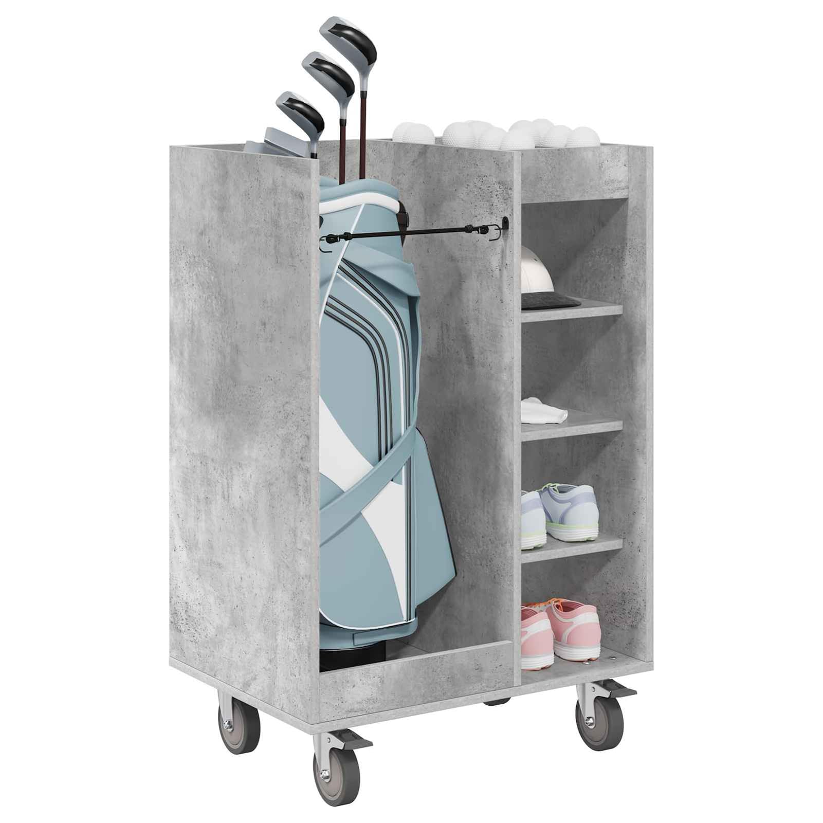 Gecheer Golfschrank mit Rädern, Aufbewahrungsschrank für Golfzubehör, 65 x 45 x 98 cm, Holzschrank mit Metallrückwand, freistehende Regale, für Garage oder Wohnraum