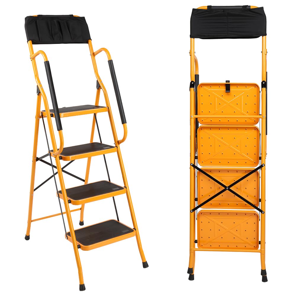 4 Step Ladder with Handrails Folding Step Stool with Attachable Tool Bag &amp; Anti-Slip Wide Pedal, Ladders for Home Kitchen Pantry Office, 330 lb Sturdy Steel Ladder for Adults Portable, Yellow