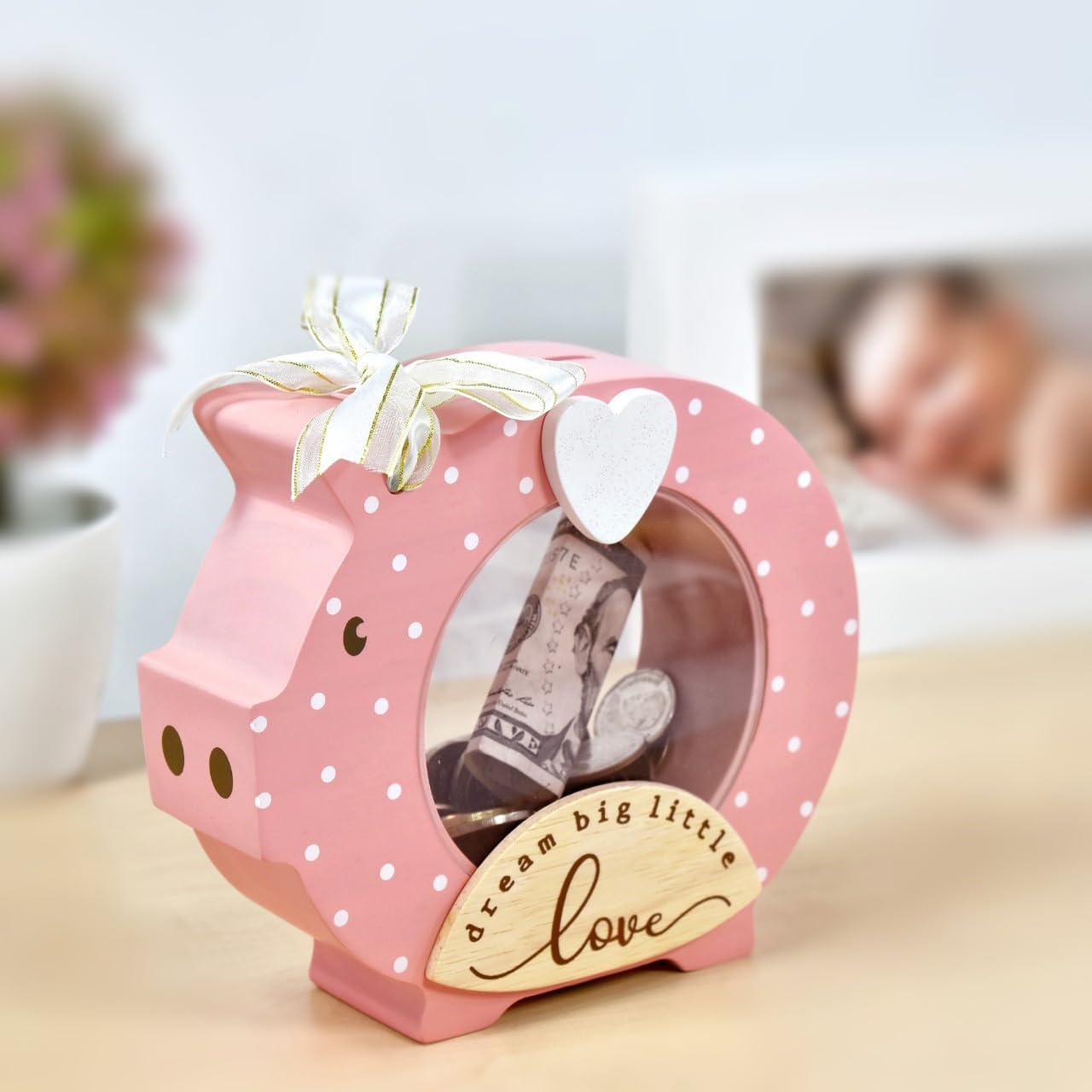 I’m Solid Wood Piggy Bank Coin Bank Savings Money Bank, Adorable Gifts for Baby Girl Birthday Girls Kids Child to Cherish Baby Shower, Keepsakes & Nursery Décor “Dream Big Little Love” (Dot Pink)