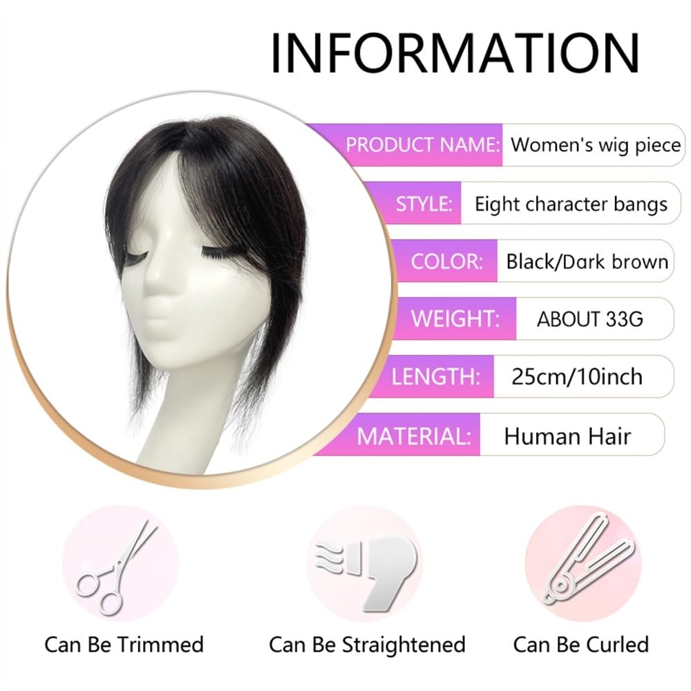 Flequillo Postizo Pelo Natural Topper de cabello humano de 10 pulgadas con flequillo, 9 × 14 CM Base de encaje suizo transpirable Piezas de cabello Remy rectas con flequillo Clip en adornos de cabello