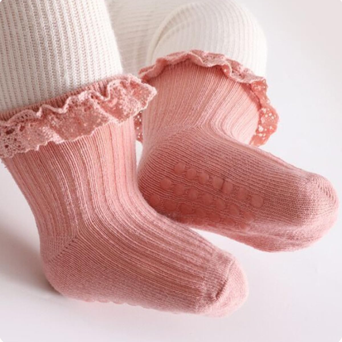 Meeshine Baby Toddler Girls Anti Slip Ruffle Socks with Grips Newborn Infant Cotton Non Skid Frilly Dress Socks, 5 Packs - Image 6