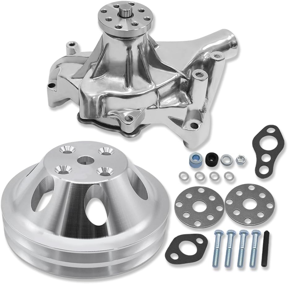 Polished Aluminum Mechanical Long Water Pump and Pulley Double Groove For Chevy SBC 283 327 350 383 400 1958-1985
