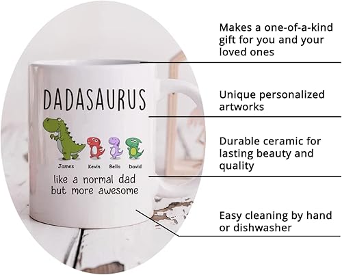 Miniatura 6 de Gossby DADASAURUS - Taza de café personalizada para papá, regalo personalizado para papá de niños, hija, hijo, esposa con diseño, nombres, divertido