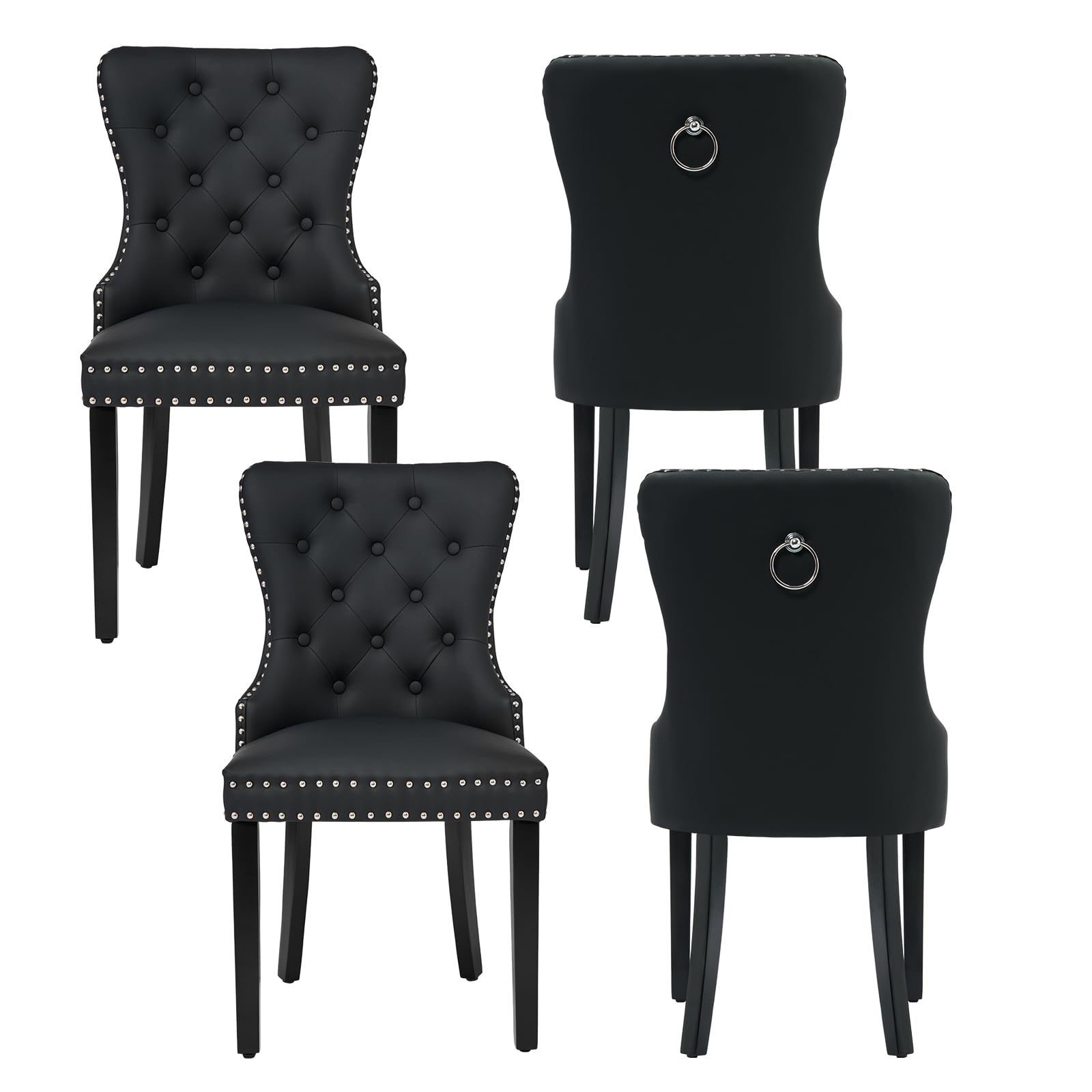 adochr PU Leather Dining Chairs Set of 4, Tufted Upholstered Dining Room Chair with Solid Wood Legs and Pull Ring, Black
