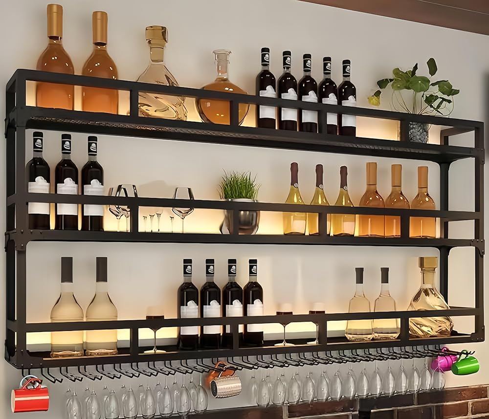 Casier à vin mural en métal avec éclairage LED élégant pour bouteilles et verres fins 99cm