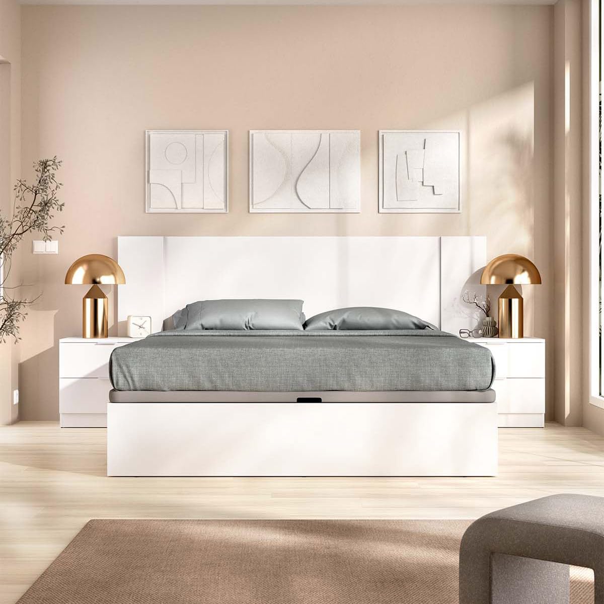 DEKIT - Pack Ahorro Dormitorio Canapé Nest con Cabezal len con 1 Colchón viscoelástico Nova 150 x 190 cm, Altura 20 cm