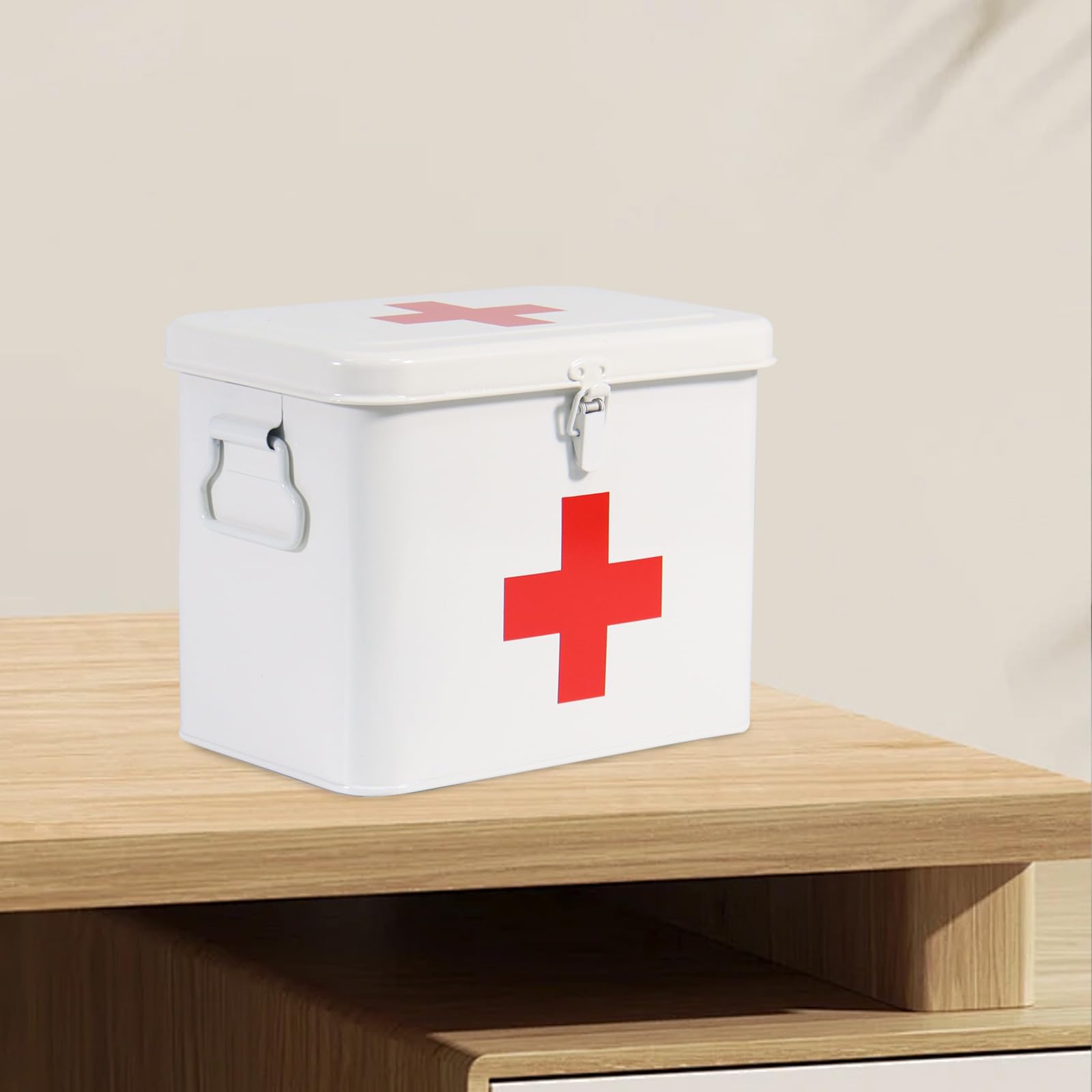 Porta Medicine, Contenitore Per Medicine Domestiche, Organizer Medicinali 2 Strati in Metallo, Cassetta Pronto Soccorso, Adatto allo Stoccaggio di Prodotti Farmaceutici 20.5 x 13.5 x 16.5 Cm - Bianco