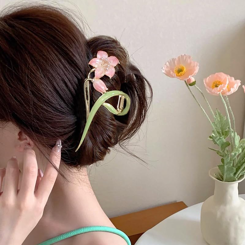 Pinza para cabello metálica floral con diseño de lirio rosa miniatura 4