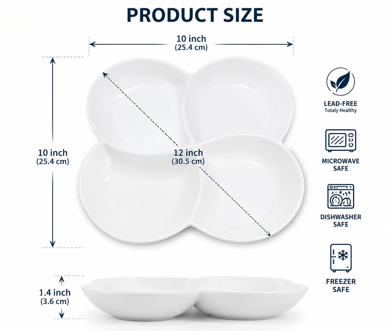 ZENFUN Lot de 3 plateaux en porcelaine avec 4 compartiments, en forme de fleur pour bonbons, noix et légumes, fruits, dessert, 21,6 x 21,6 cm, blanc