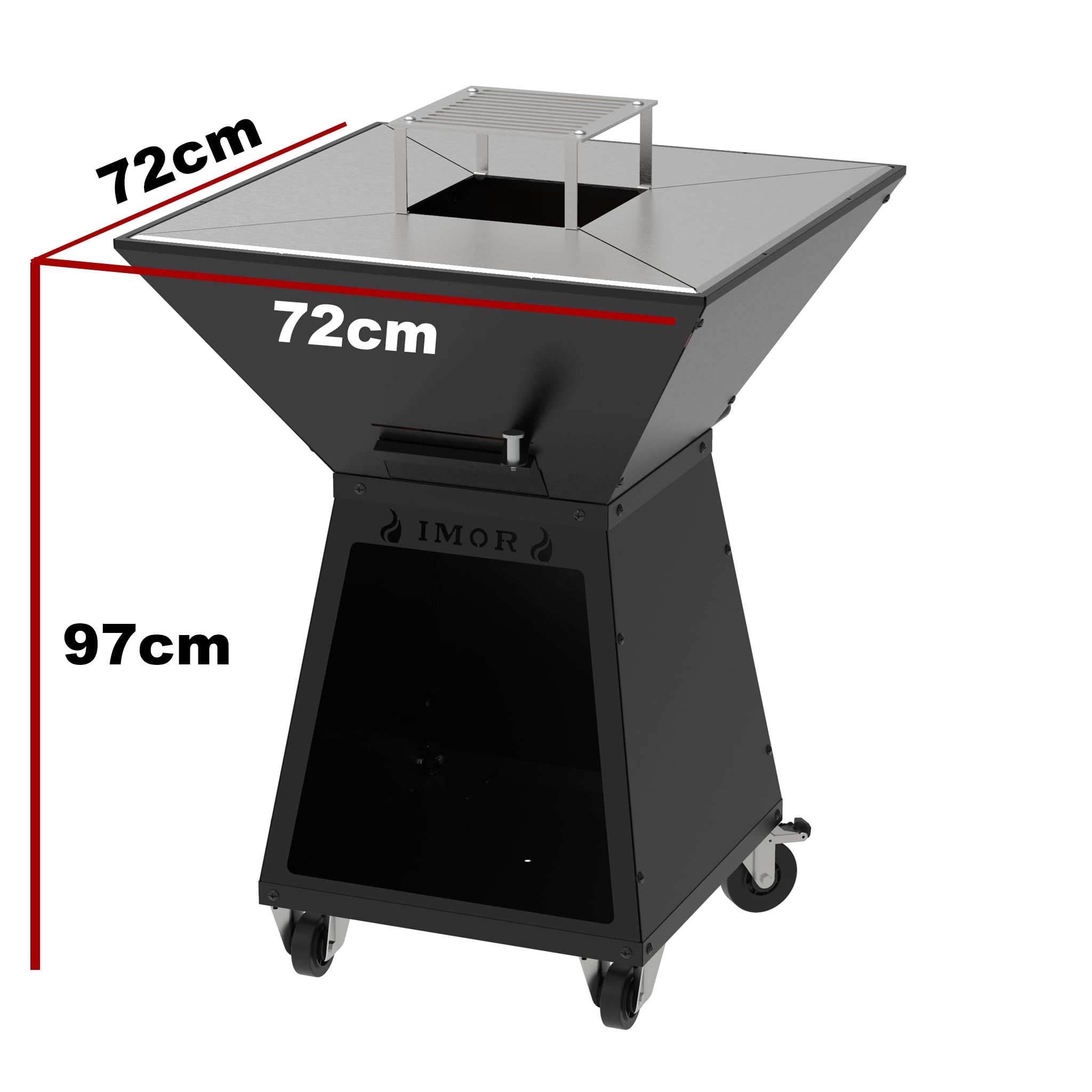 Barbecue a Legna Quadrato Professionale con Braciere con mattoni refrattari, Plancha 72x72 cm, h 97cm 4 Ruote e Ampio Portalegna - MADE IN SPAIN