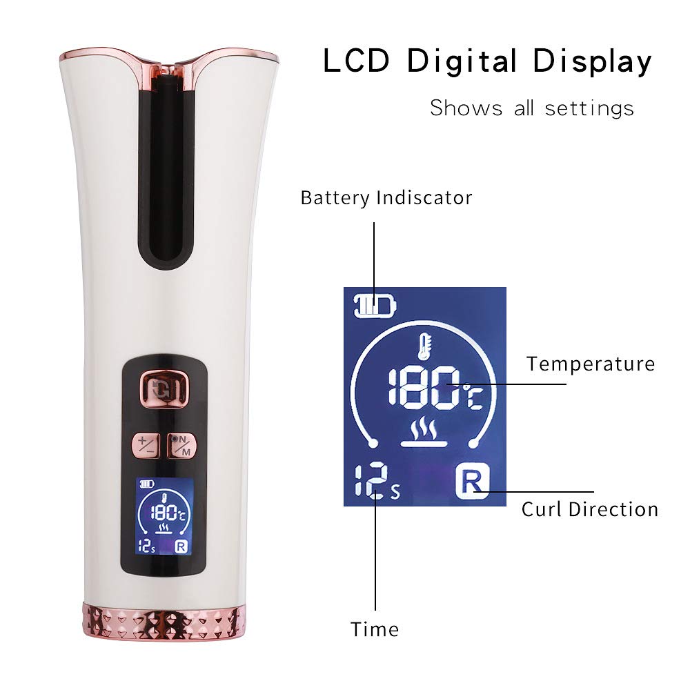 Automatyczna lokówka do włosów ceramiczna przenośna bezprzewodowa lokówka do włosów z wyświetlaczem temperatury LCD i timerem, lokówka podróżna do ładowania USB