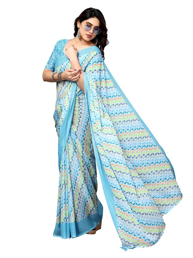 Sari en georgette floral Aashita Creations avec tissu de chemisier non cousu bleu ciel