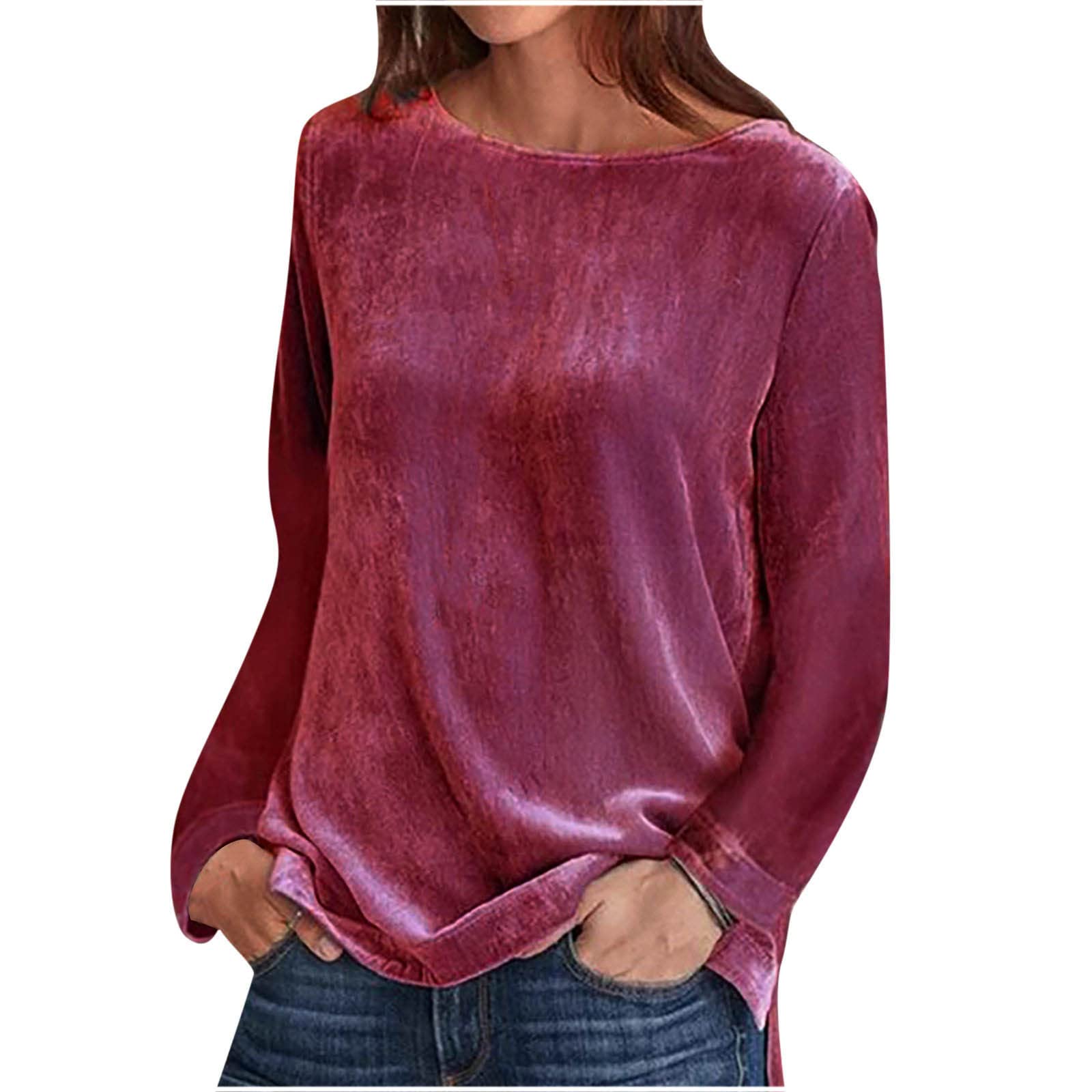 Women Round Neck Velvet Tops Dressy Long Sleeve Work Shirts Basic Velour Blouse Casual Solid Color Tee Shirt Red