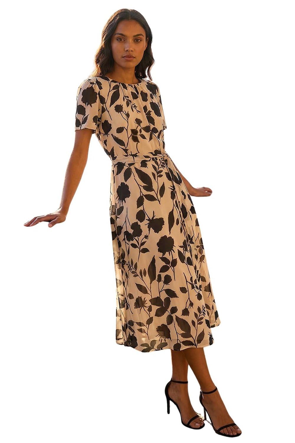 Roman Women's Cream Floral Print Pleat Neck Midi Dress In | Size: 18