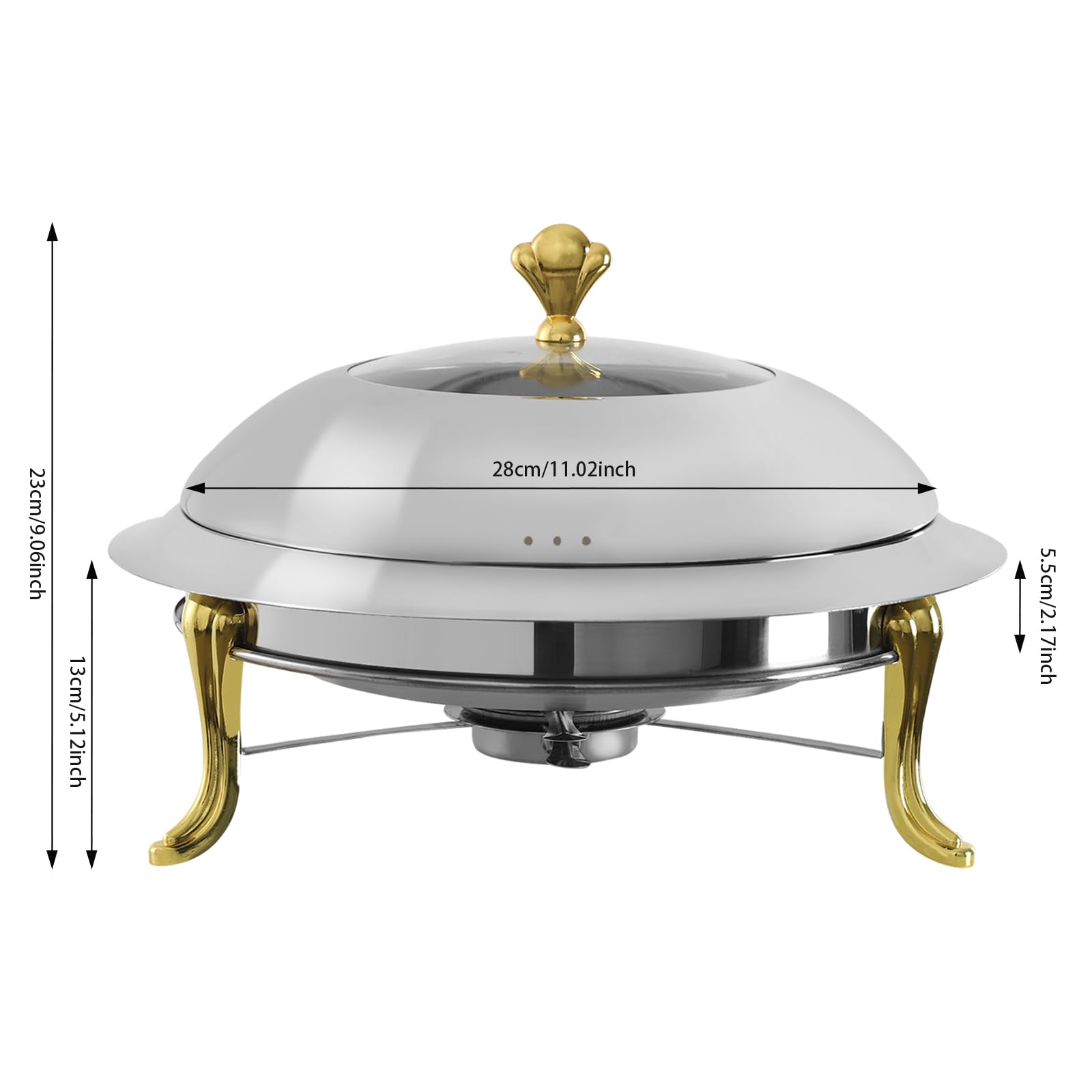 Set da 3 litri rotondo Chafing Dish Buffet in acciaio inox con coperchio in vetro, fuoco regolabile, Chafing Dish Buffet, scalda buffet, scrivania per alimenti caldi