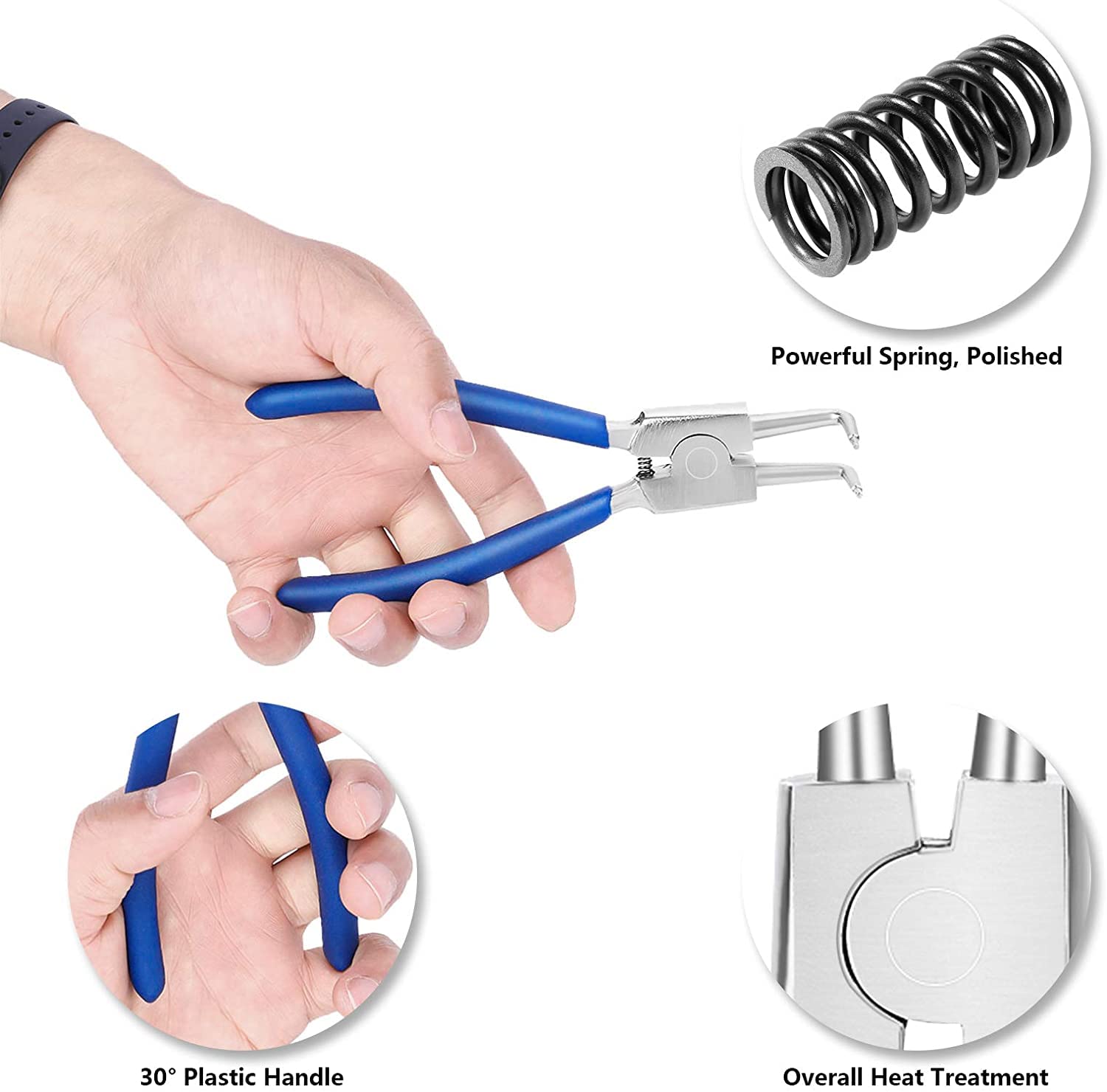 Wakects Alicates para Anillos de Seguridad, Pinzas Interior, 7 Pulgadas, 4 Unidades, para Anillos Elásticos Curvos y Rectos
