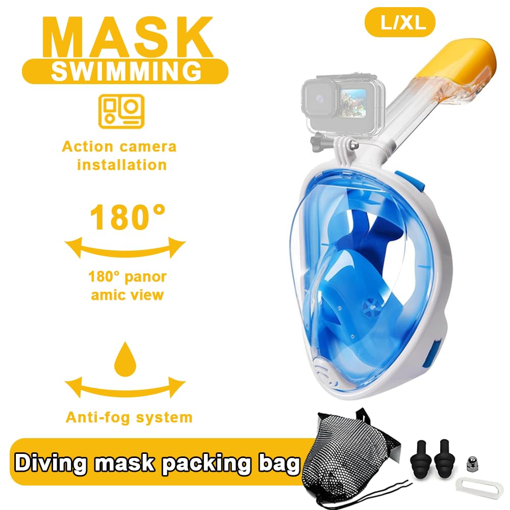 Máscara de buceo, cara completa de 180°, máscara de buceo, respiración libre, tecnología antigolpes y antifugas, con diadema ajustable, adecuada para adultos, adolescentes, niños