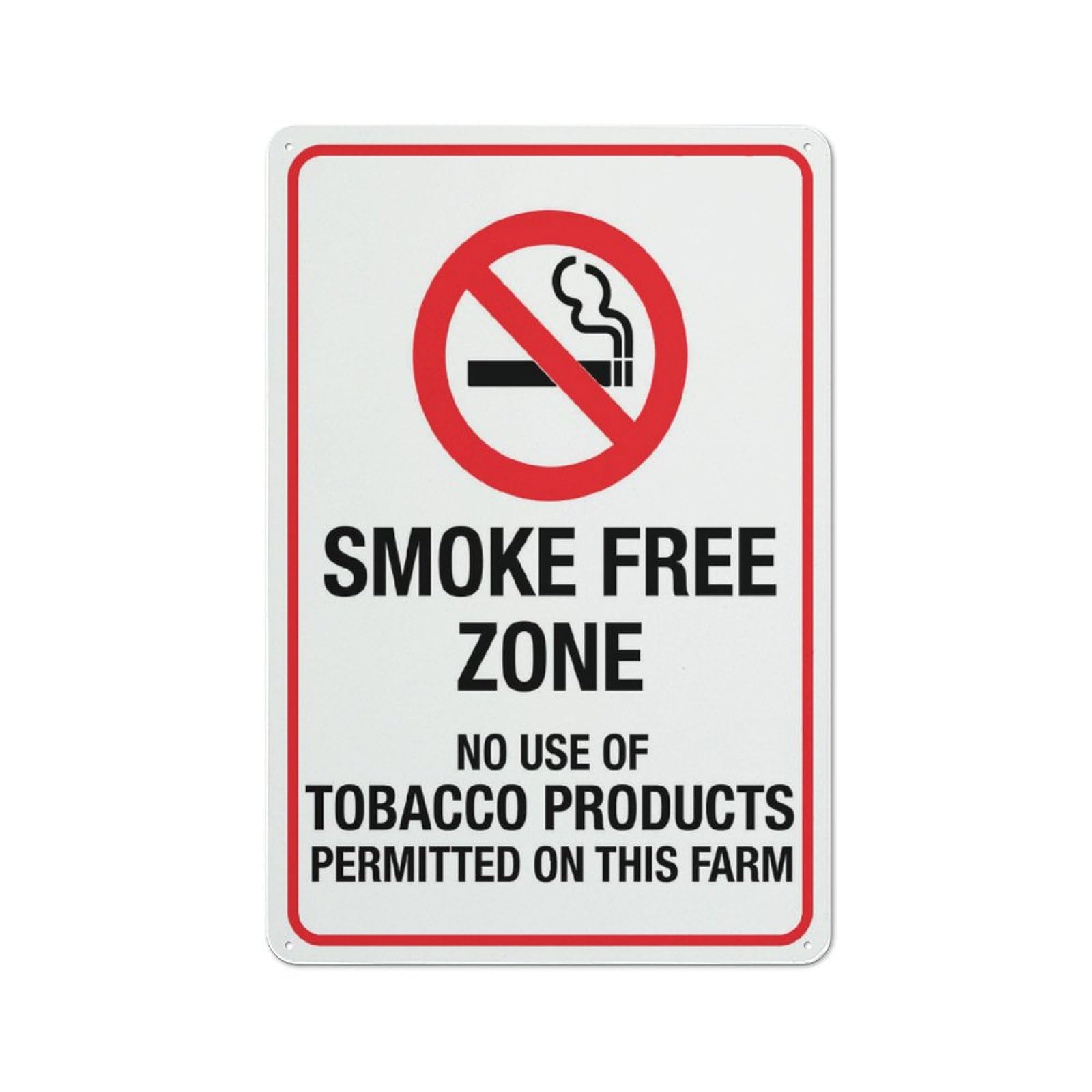 Smoke-Free Zone (No Tobacco Products Permitted On This Farm) Sign, 8x12 Inch Metal Aluminum, Pre-Drilled Holes for Easy Mounting, Indoor/Outdoor Use for Fence, Door, Gate