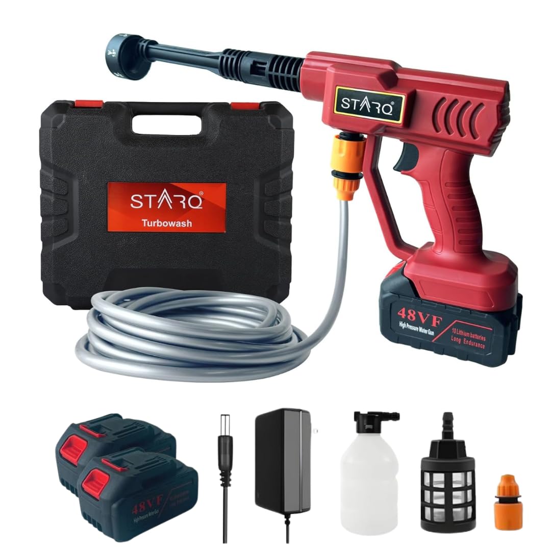 STARQ Turbowash Cordless Portable 48V Wireless Pressure Washer Gun - 12000mAh High Pressure Water Gun for Car and Bike Wash, Adjustable 6 in 1 Nozzle, 5M Hose Pipe, Double Battery Included