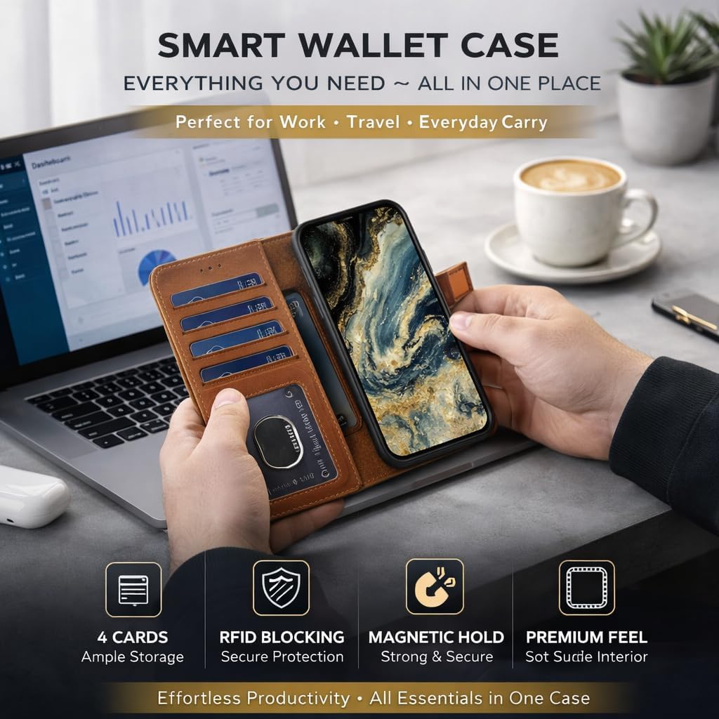 Vegas Wallet Phone Case Compatible with iPhone 15 Pro Max 6.7in – Elegant Full-Grain Leather Phone Case Wallet – Card Holder Wallet RFID Blocking with Kickstand, Card Slots (Tan)