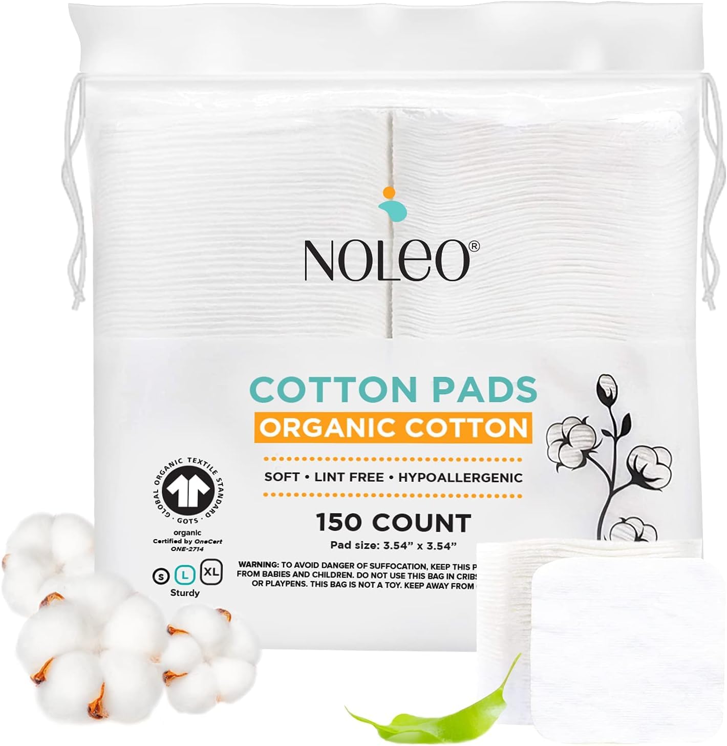 Noleo Organic Cotton Pads with 3-in-1 Diaper Care - 150ct Large & Pressed Cotton Squares 3.54x3.54in Pads - 8oz All in One Baby Cleanser, Baby Lotion & Diaper Rash Cream