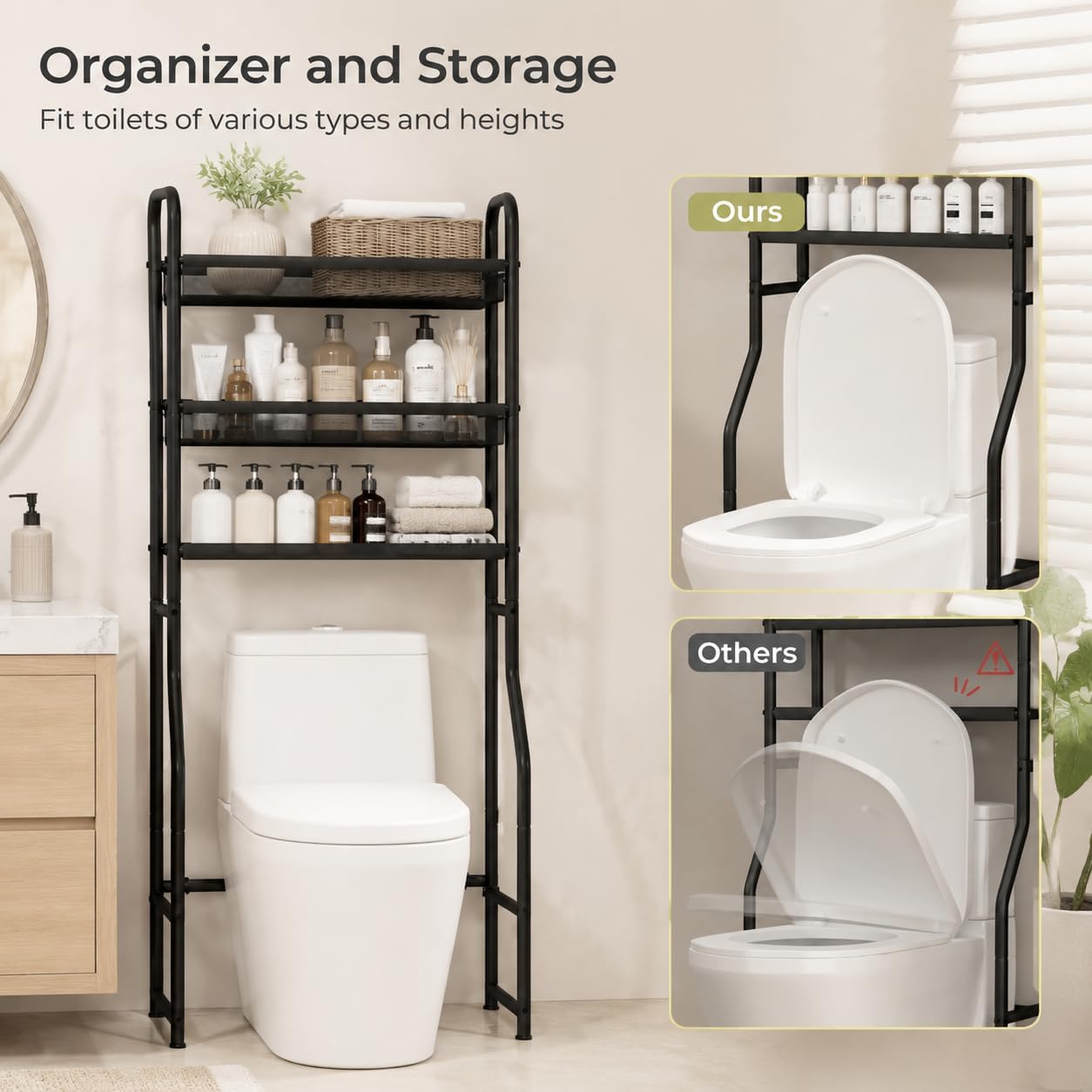 3 Tier Over the Toilet Storage Shelf, Metal Bathroom Organizer Rack, 26 Inch Extra Wide Space Saver Above Toilet, Black Bathroom Organizer for Towels and Skincare with Vinyl Mesh Tiers image 4