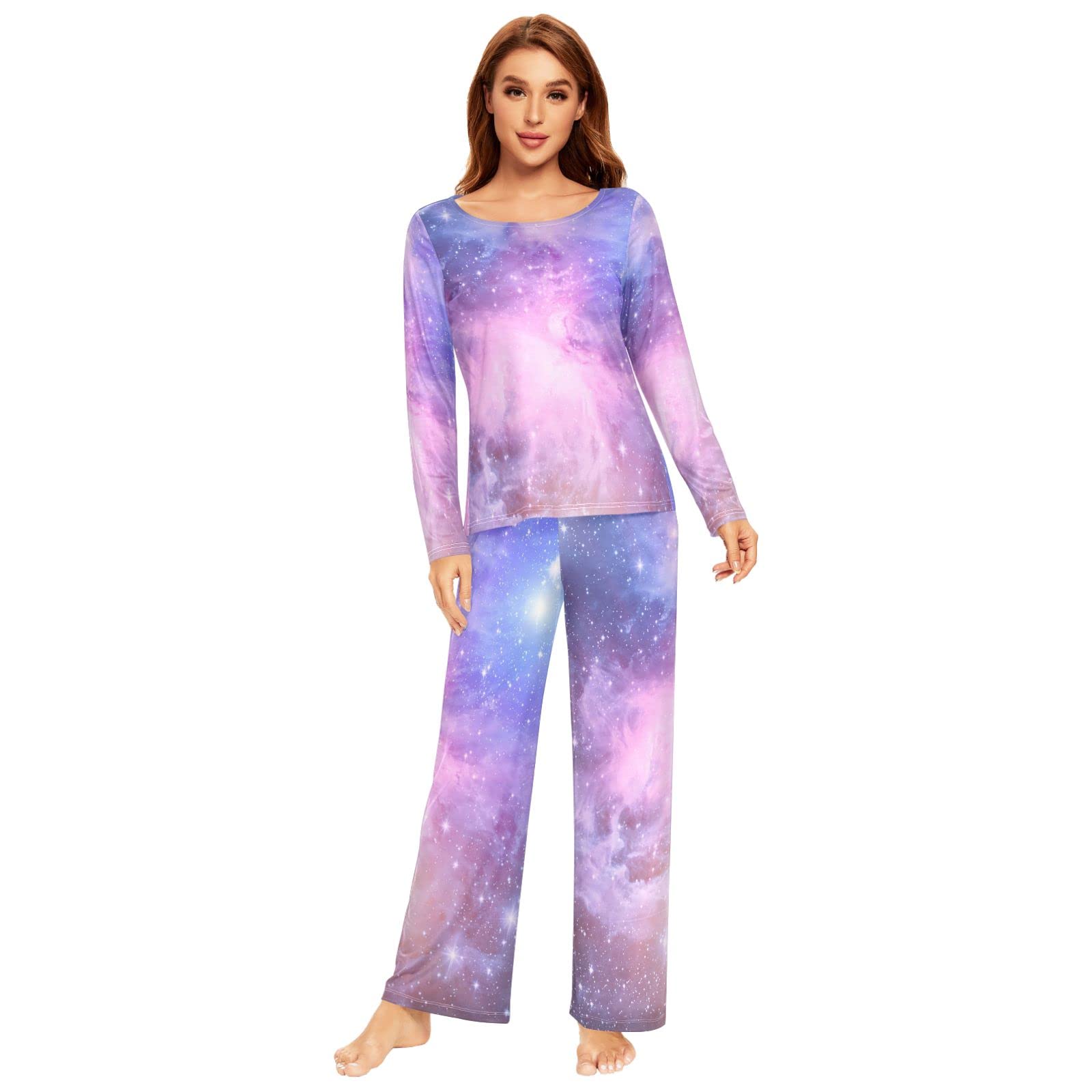 Schlafanzug-Set für Damen, Galaxy Space Langarm Nachtwäsche Loungewear Set Pjs Nachtwäsche Set, mehrfarbig, 48