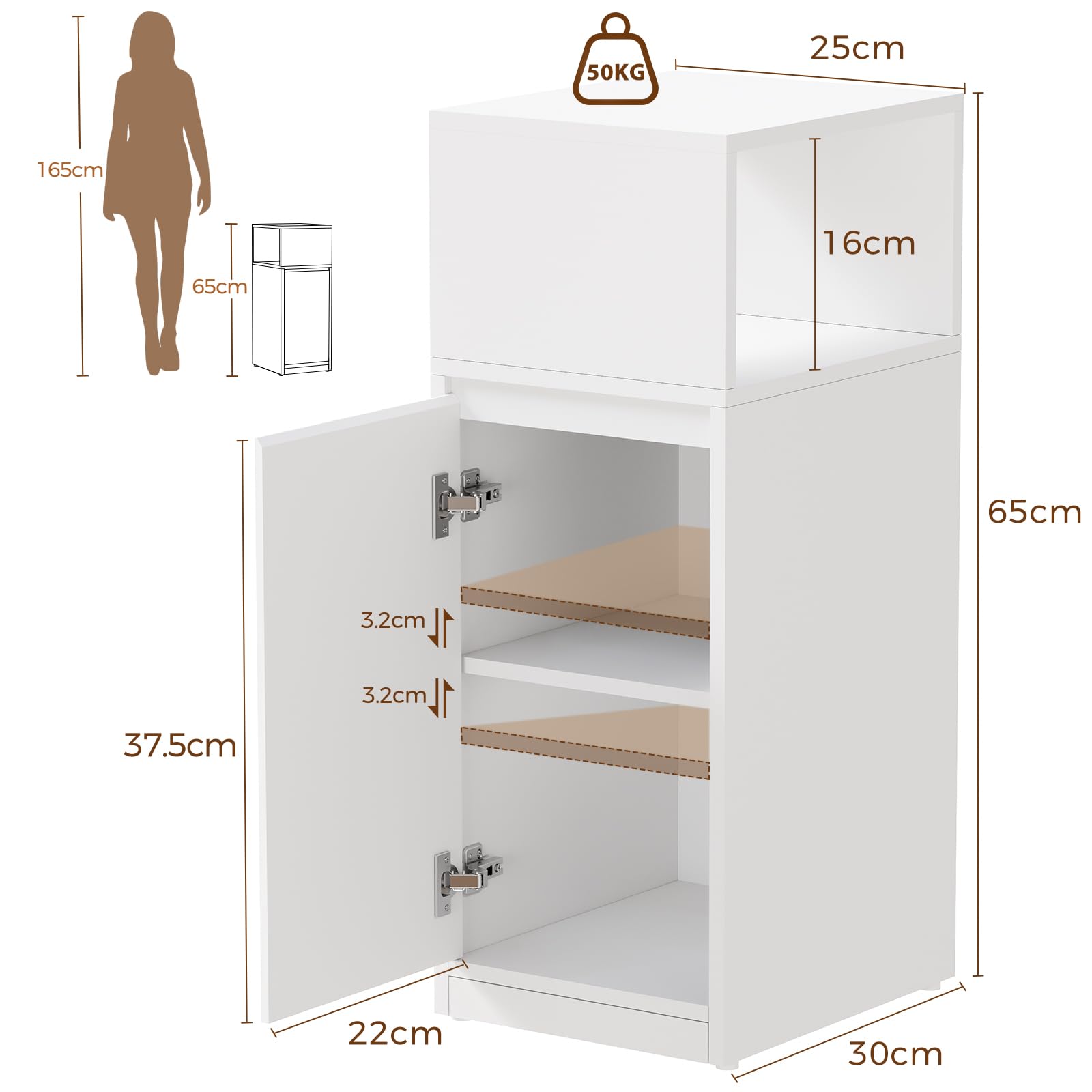 BEWISHOME Table de Chevet Étroite Lot de 2,Table d'Appoint,1 Port | Compartiment Ouvert,3 Étagères Réglables en Hauteur,65 x 25 x 30 cm,pour Chambre à Coucher et Salon,Blanc EFCG13W