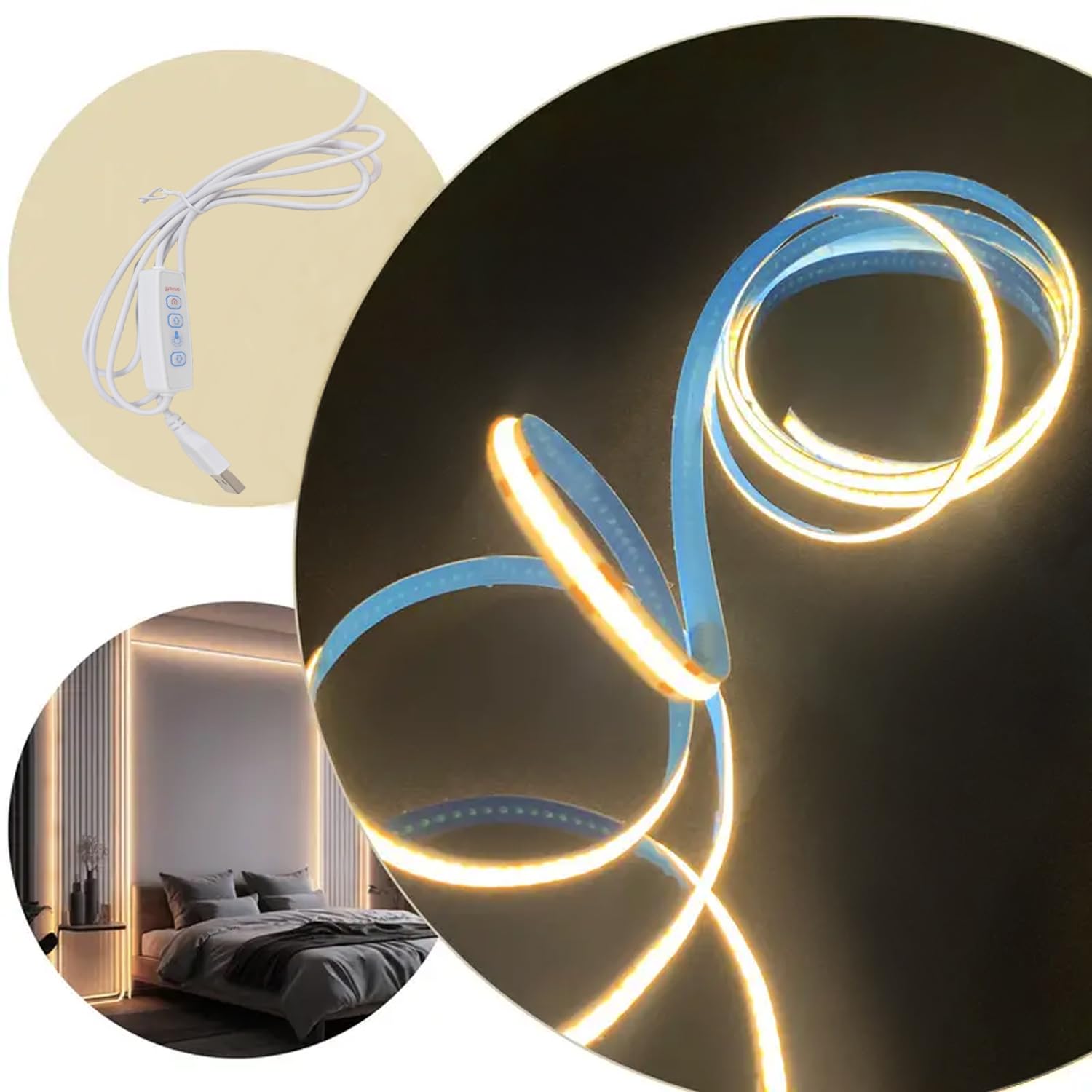 ZSLAIFU COB - Tira de luces LED cálida de 6.5 pies, tira de luz LED regulable de 5 V, tira de luz USB flexible para gabinete, retroiluminación de TV, recámara, cocina, iluminación de bricolaje para el