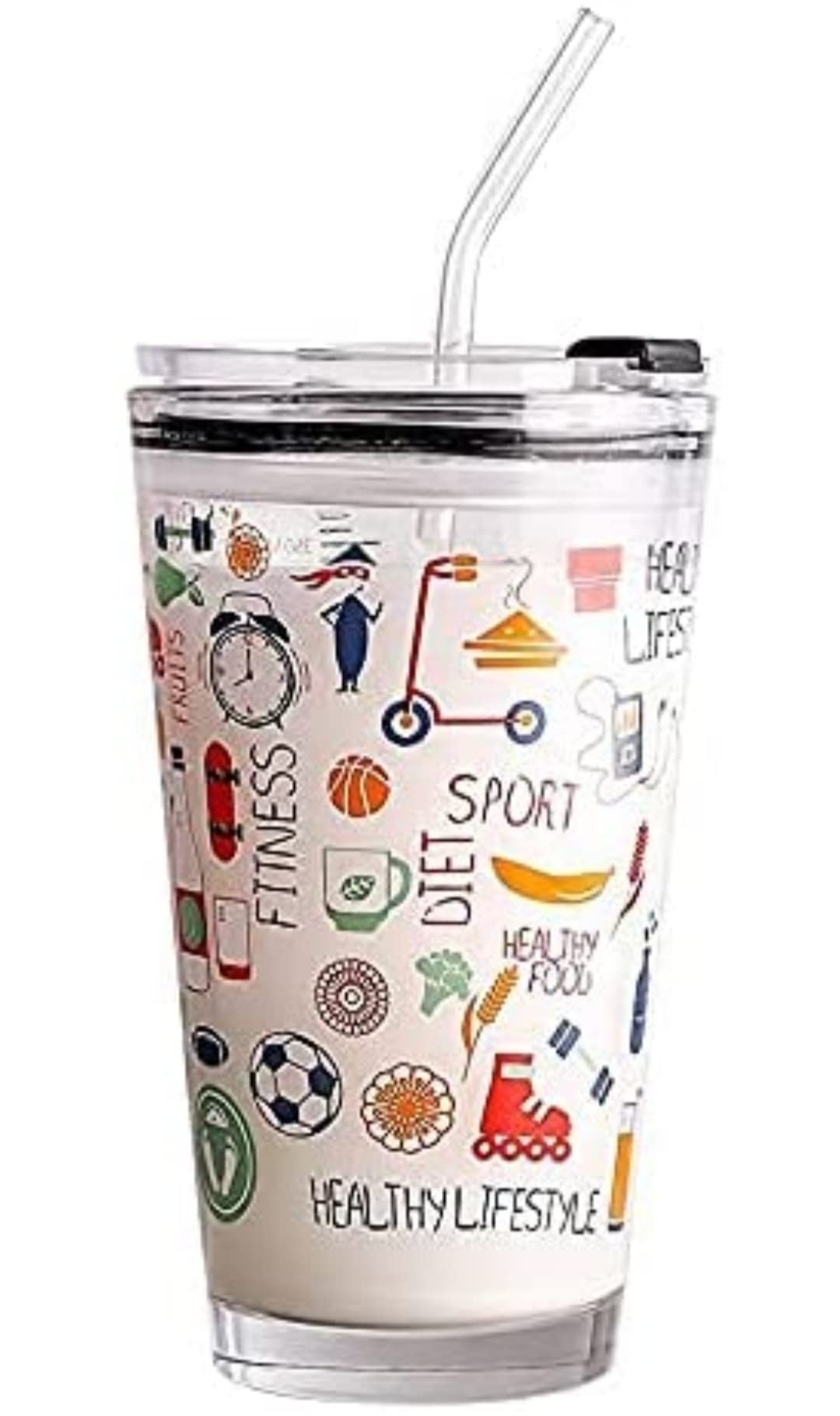 Kikiluxxa Random Design Cartoon Creative Glass Tumbler Sipper Mug For Kids Juice Cup With Lid And Silicon Straw 400Ml - Pack Of 1 (Glass Sipper 1) - Multicolor