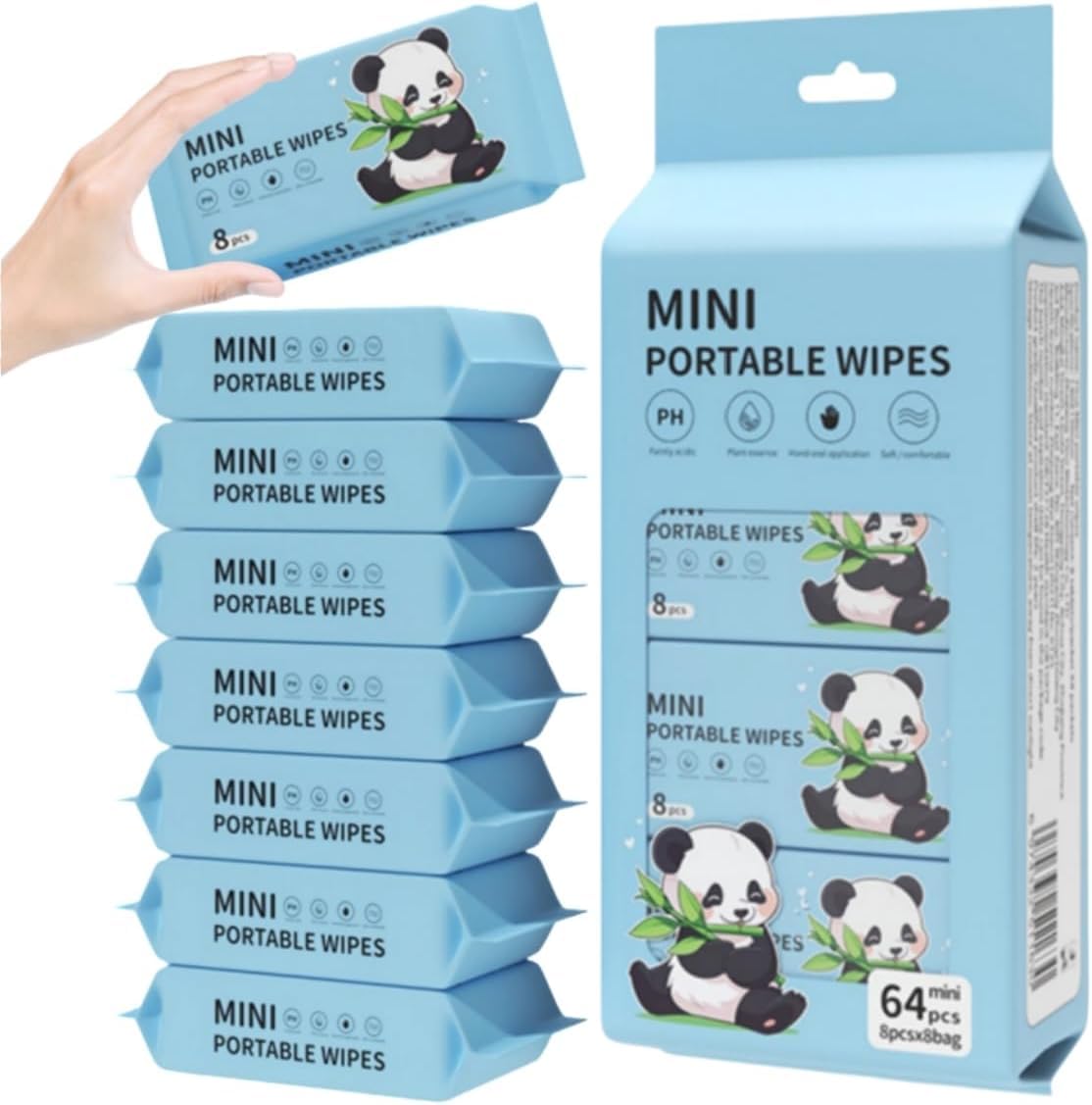 Mini Wipes Travel Size Wet Wipe 8 Pack Total 64 Mini Portable Wet Wipes Pack with Panda Design, Soft Disposable Cleaning Tissue for Baby Care, Travel, Office (64 wipes)-picture-20