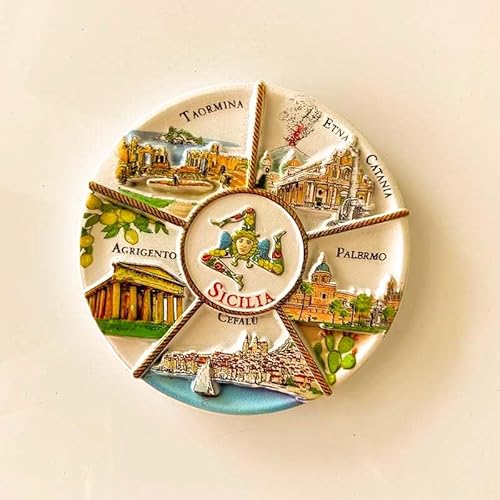 Sicilia Italian Cities Decorative Ceramic Plate, Hand-Painted Souvenir with Taormina, Etna, Agrigento, Palermo, Cefalu Landmarks, 3D Relief Design
