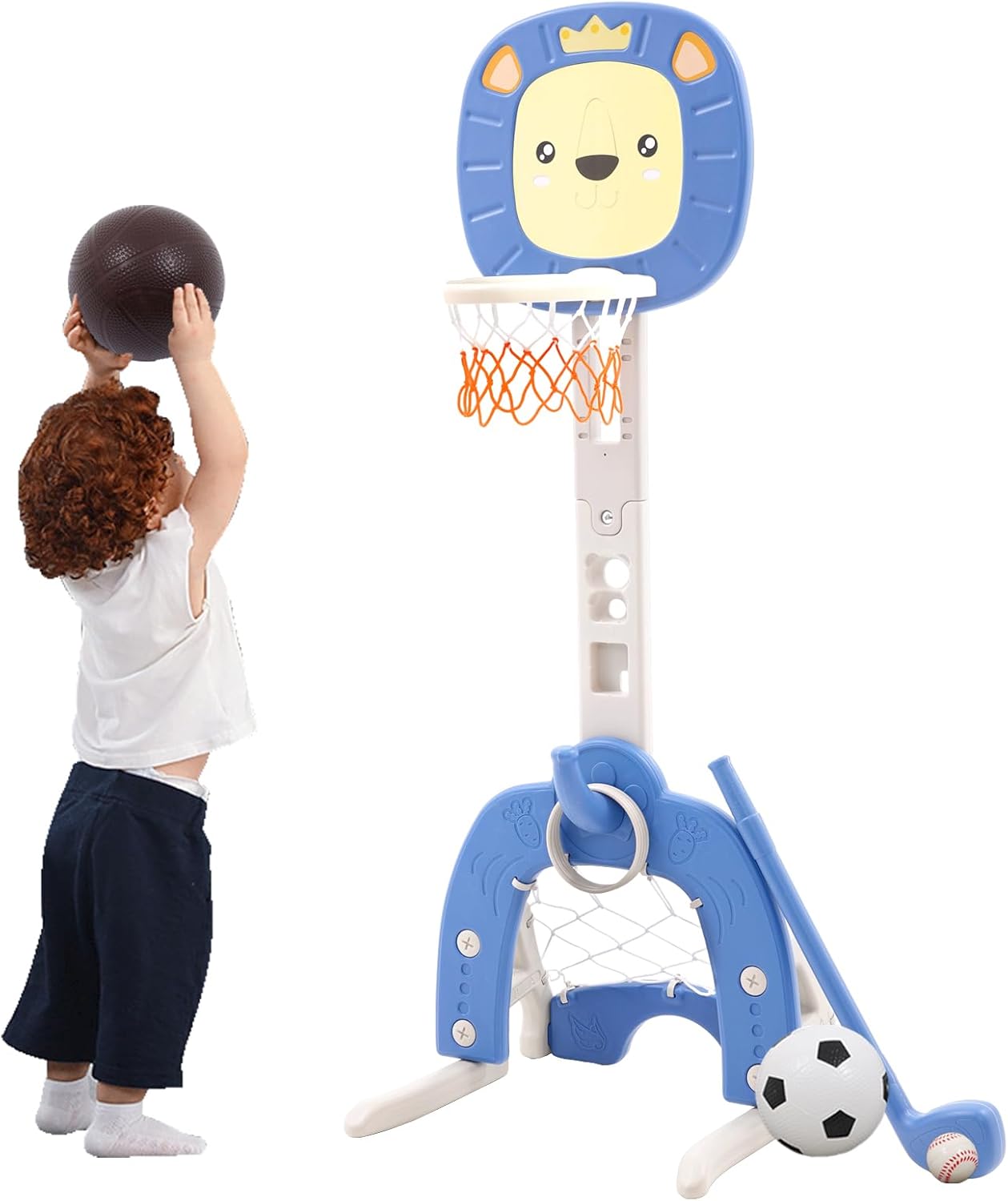 Ark miido 4-in-1 Basketball Hoop for Kids Toddler Sports Activity Center Height Adjustment with Football/Soccer Goal, Golf Game, and Ring Toss Indoor and Outdoor Play Set for Boys and Girls (Blue)