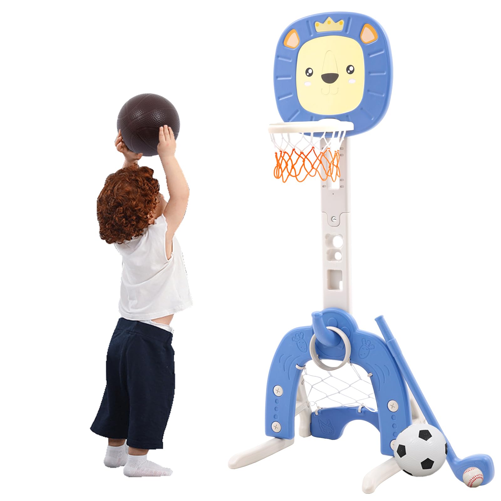 Basketball Hoop Stand Set for Kids 4 in 1 Sports Activity Center Grow-to-Pro Adjustable Height from 48'' to 59'' Easy Score Football Golf Ring Toss Game Indoor Outdoor for Toddlers Boys Girls