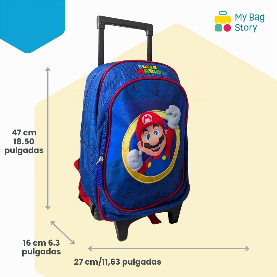 Mybagstory Super Mario - Mochila con ruedas - 47x27x16 cm - Bolsillo grande + delantero - Trolley escolar - Producto oficial Super Mario, Sonic - Azul | Bolsillo grande + bolsillo delantero, Trolley infantil de guardería y primaria y producto oficial Supe