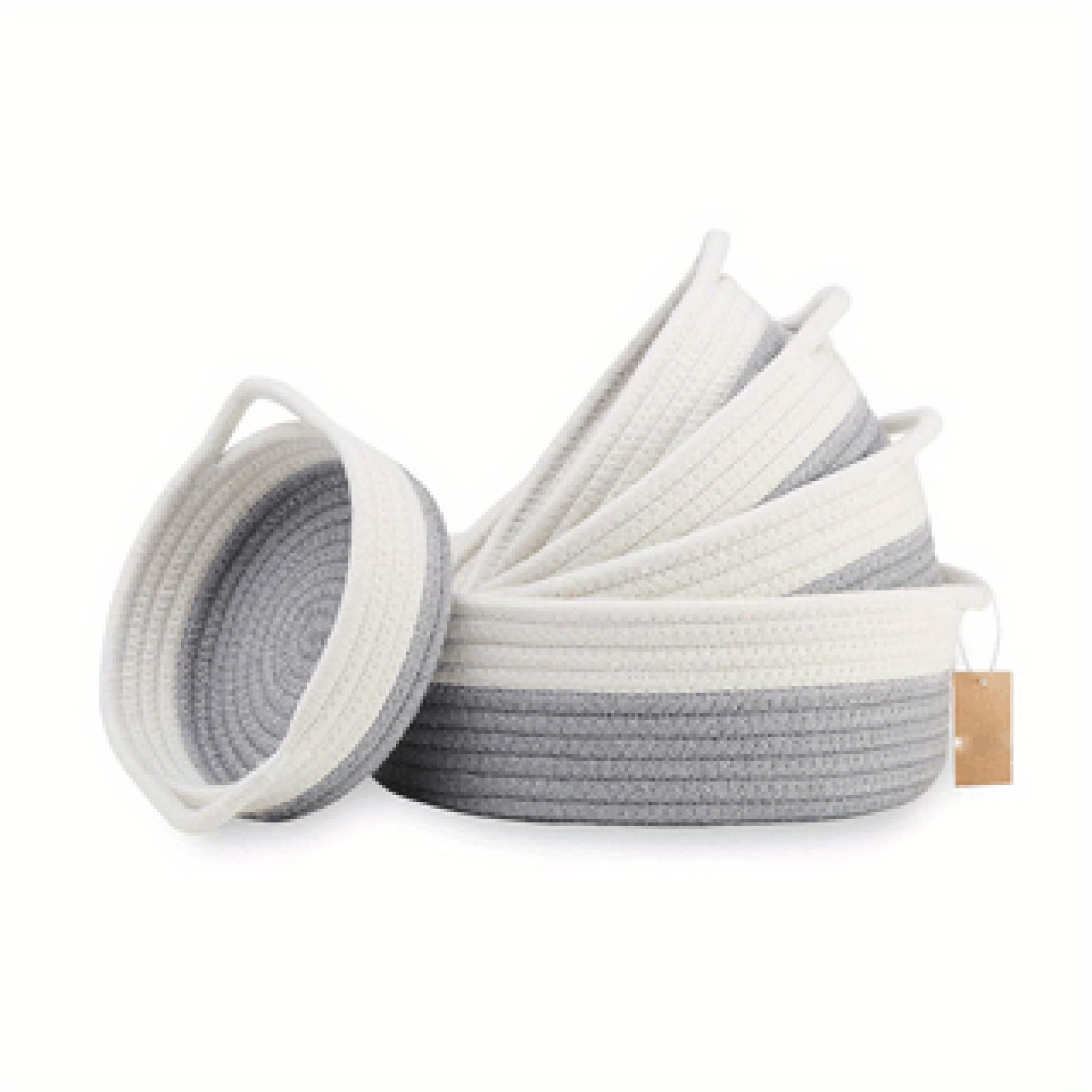 5 Piece Round Small Woven Baskets Set Cotton Rope Baskets for Organizing! Montessori Toys, Fruits Remotes Key Tray Bowl for Entryway Desk, Shallow Catchall Home Decor, Cat Dog Bin Gift