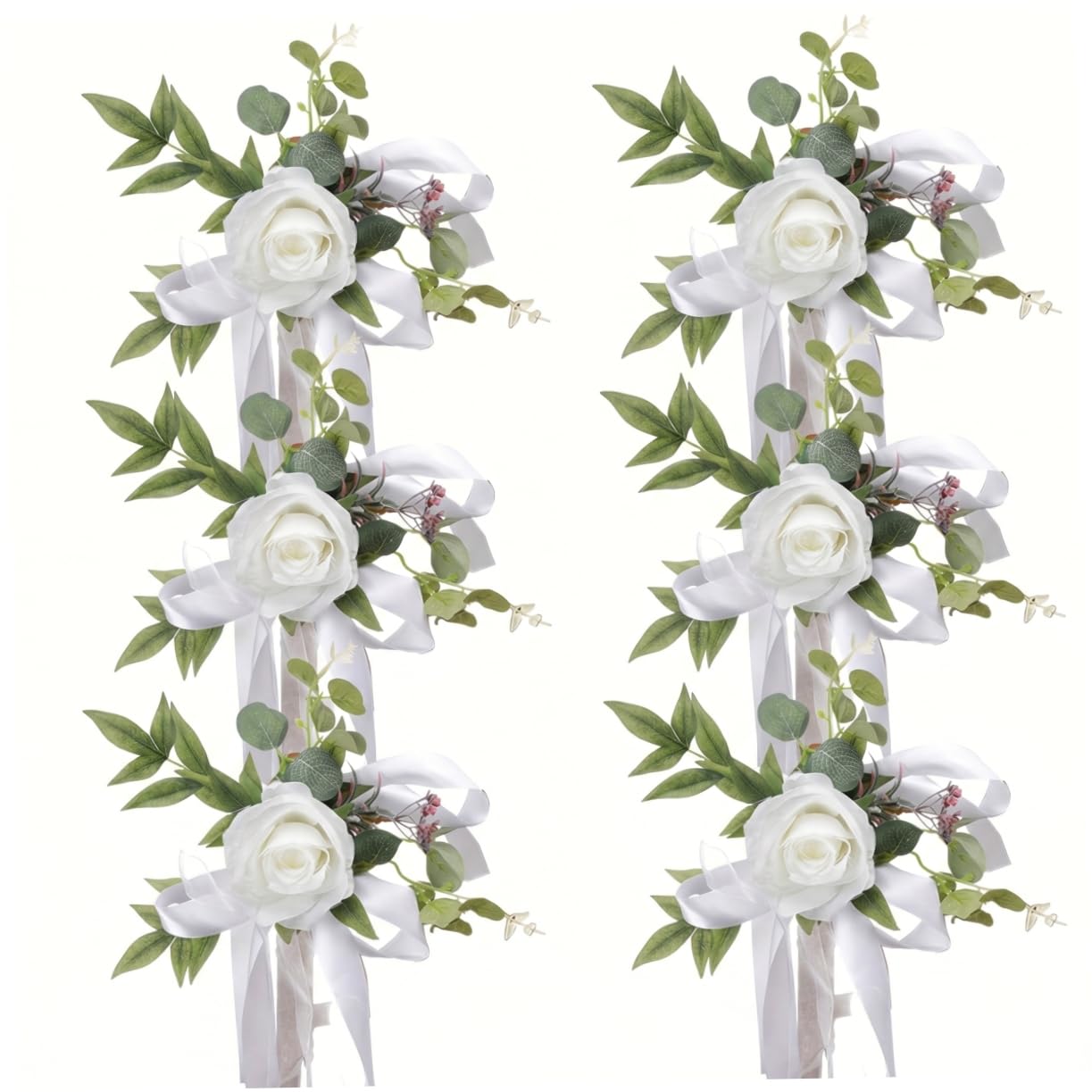 Fleurs de Mariage artificielles pour banc d'église et allée avec rubans blancs - Lot de 6