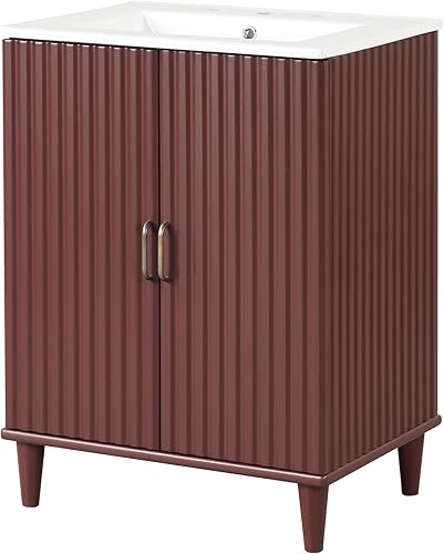 Miniatura 3 de Conjunto de tocador de baño de 24 pulgadas con lavabo, moderno juego de gabinete de baño pequeño individual con 2 puertas de cierre y estante