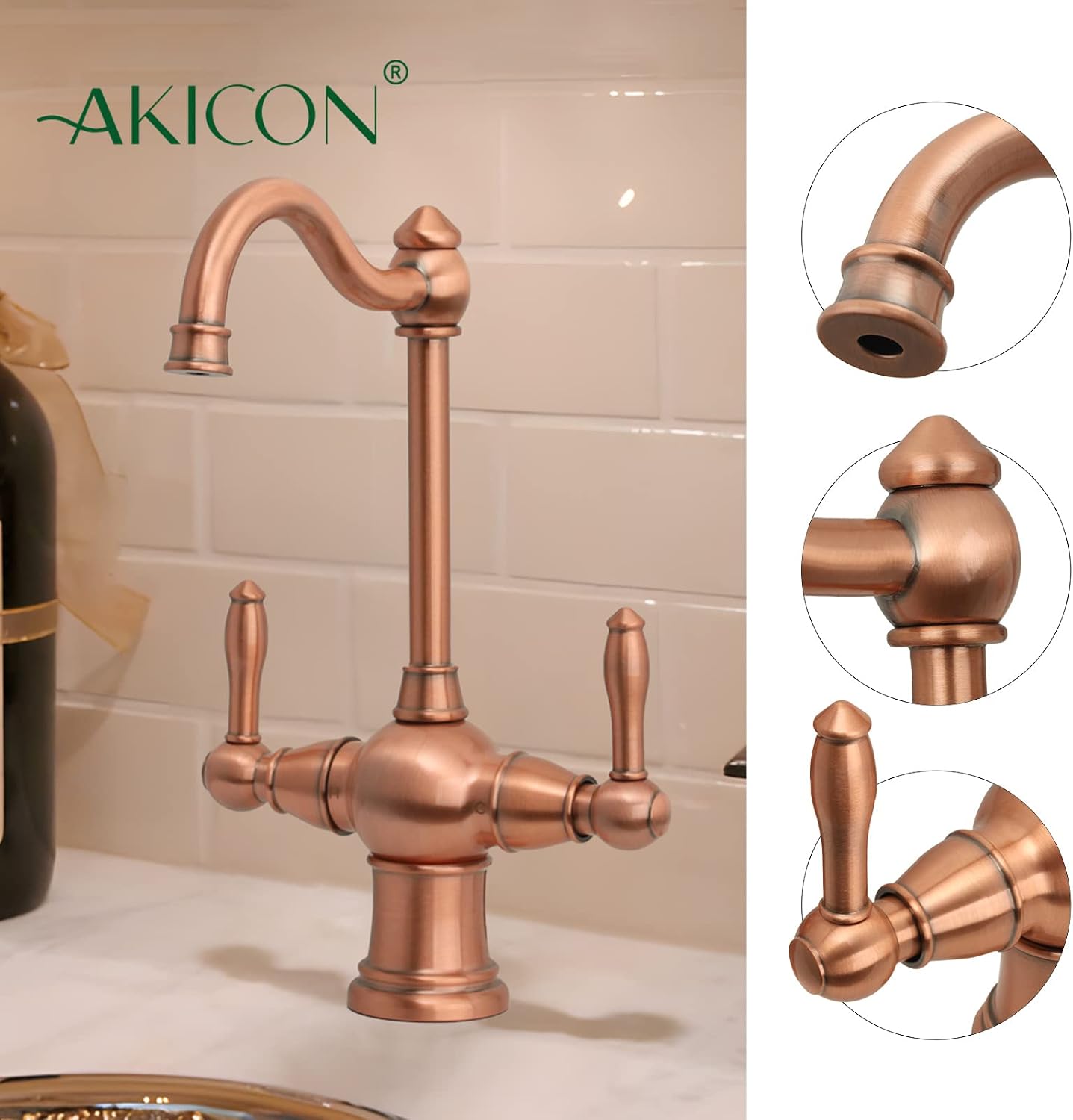 Two-Handles Copper Drinking Water Filter Faucet, Dual Lever Hot and Cold Water Faucet for Instant Hot Water Tank Dispenser & Filtration System